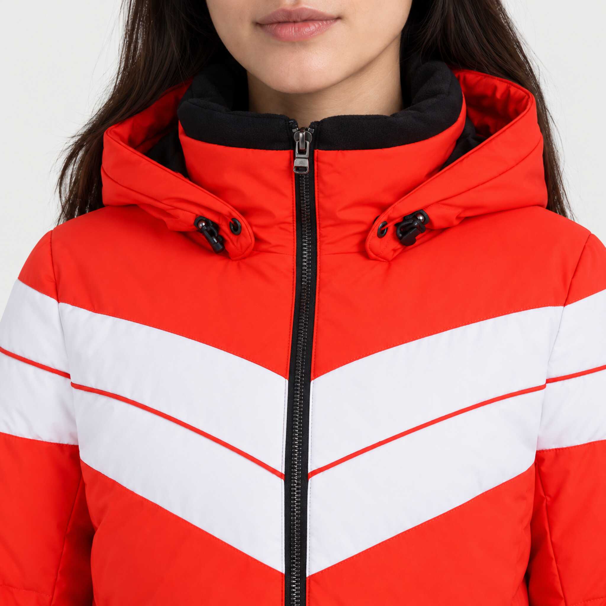 Fera women's Ariel Ski Jacket in Flame Red/White, close-up showing fabric and design.