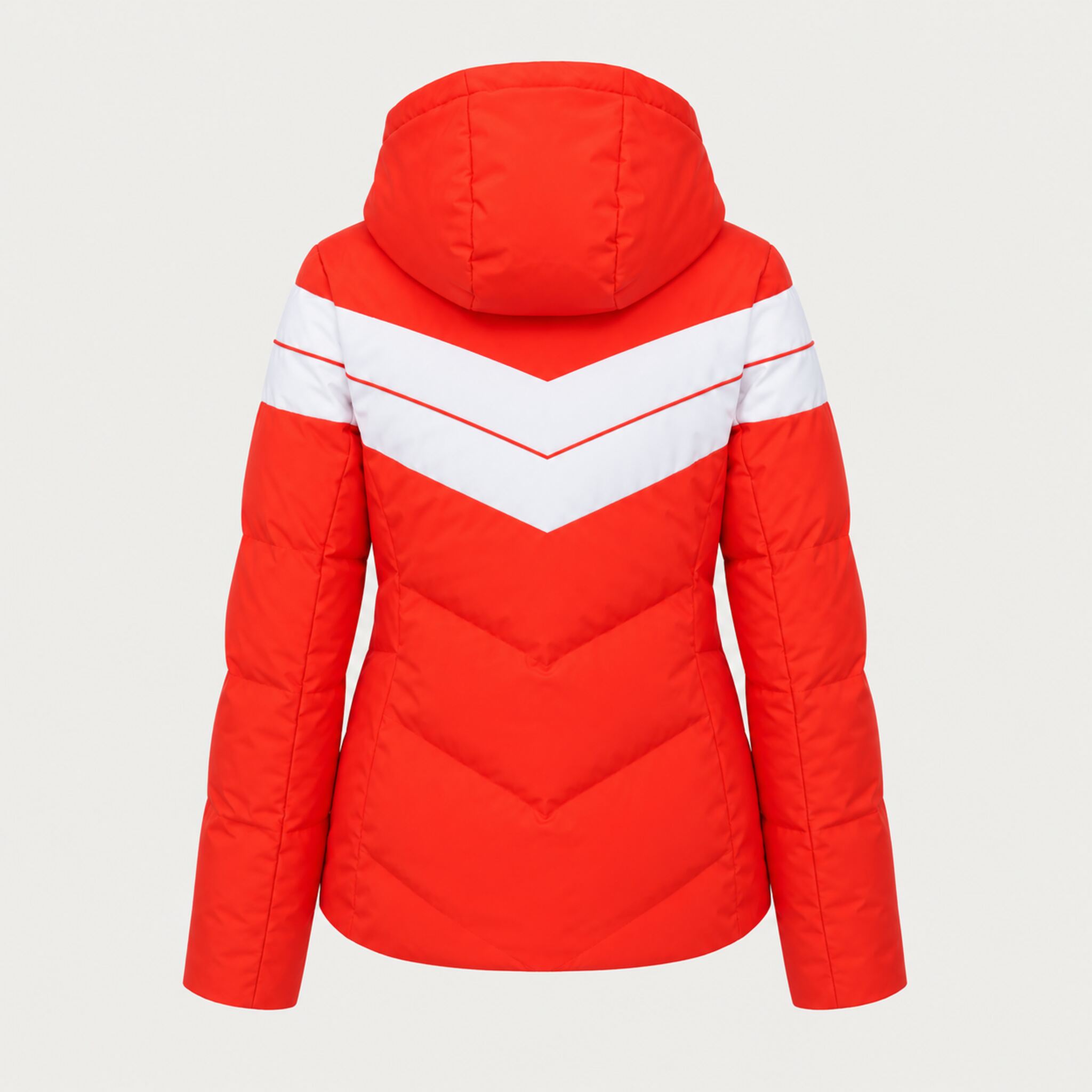 Fera women's Ariel Ski Jacket in Flame Red/White, back view.