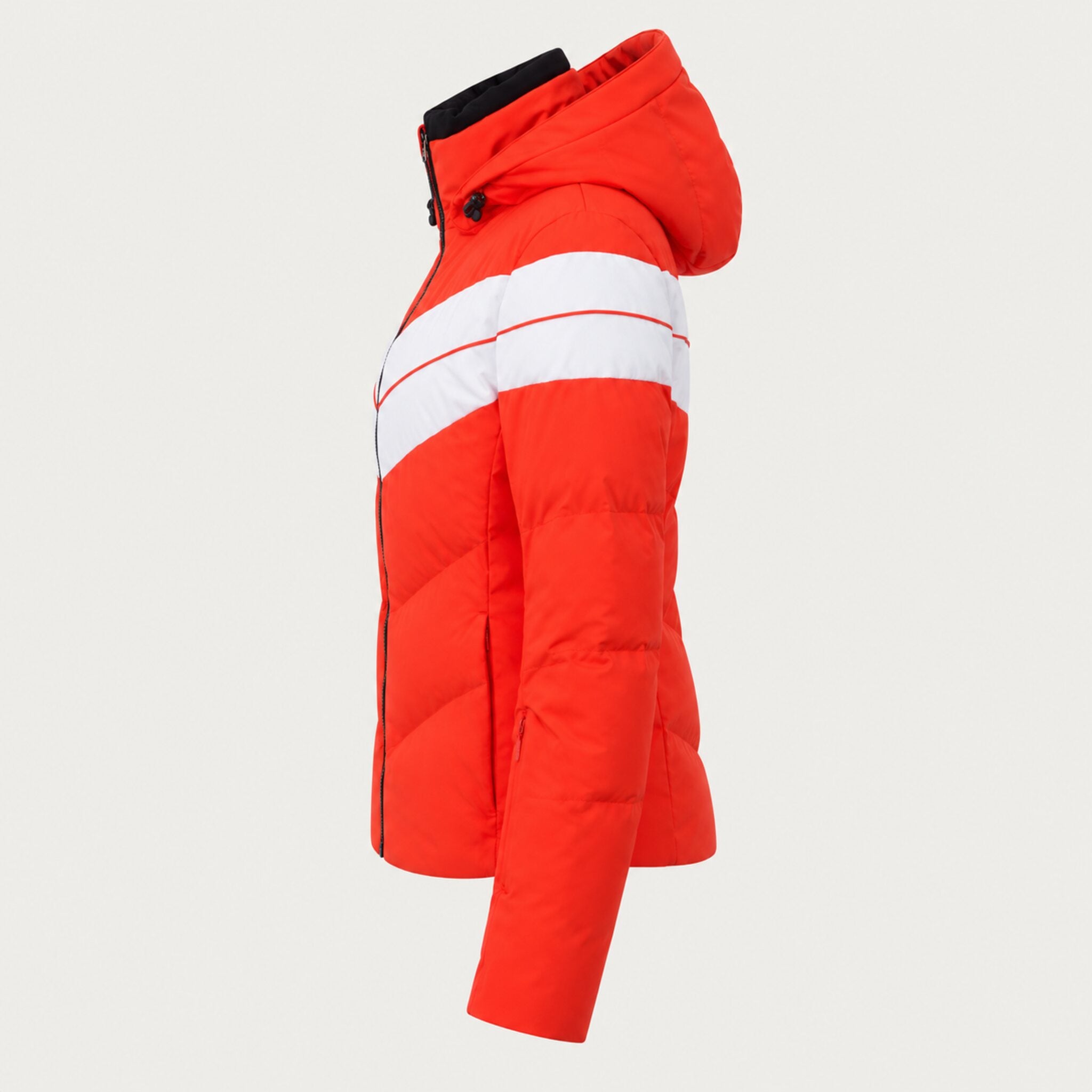 Fera women's Ariel Ski Jacket in Flame Red/White, side view.