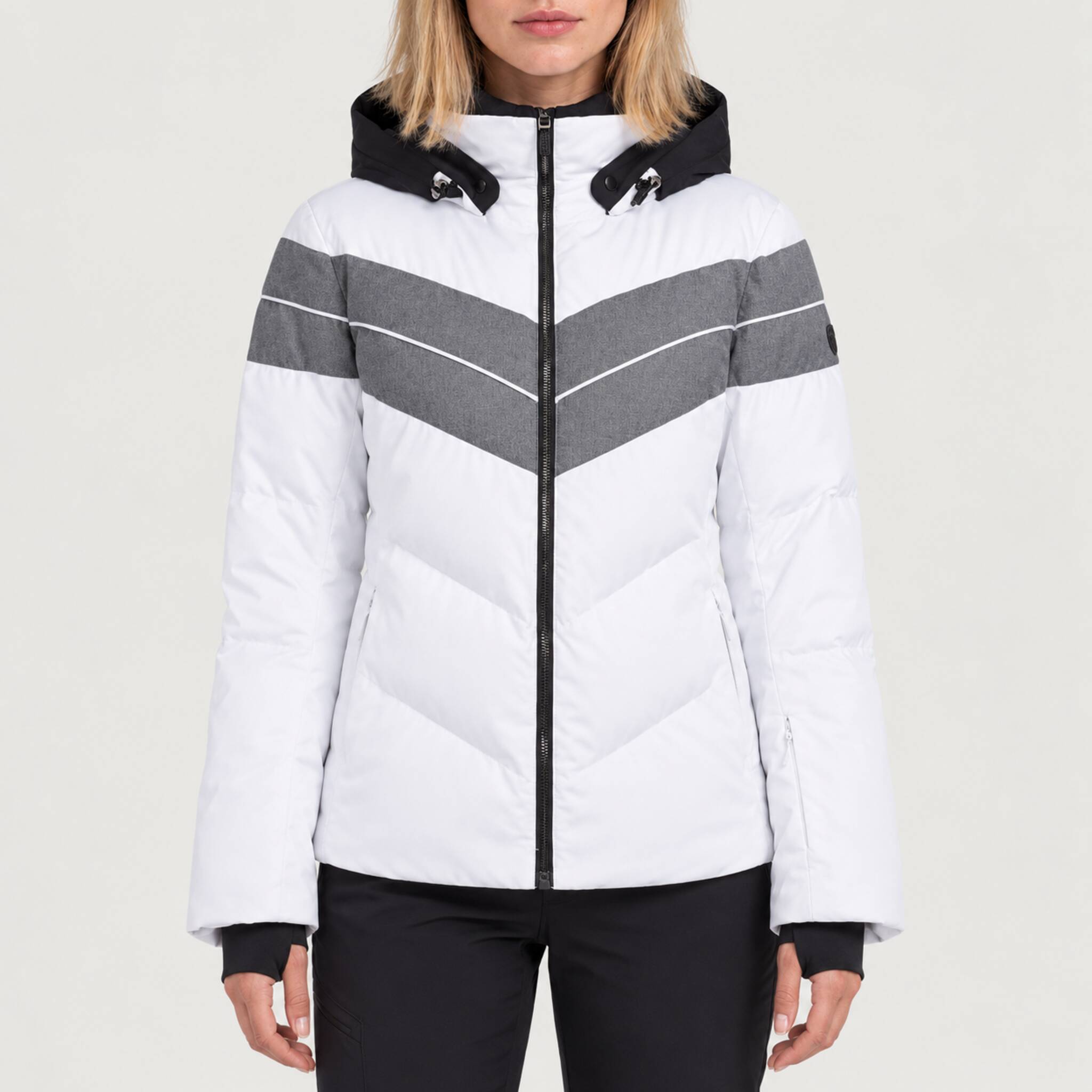 Fera women's Ariel Ski Jacket in White, front view on model.