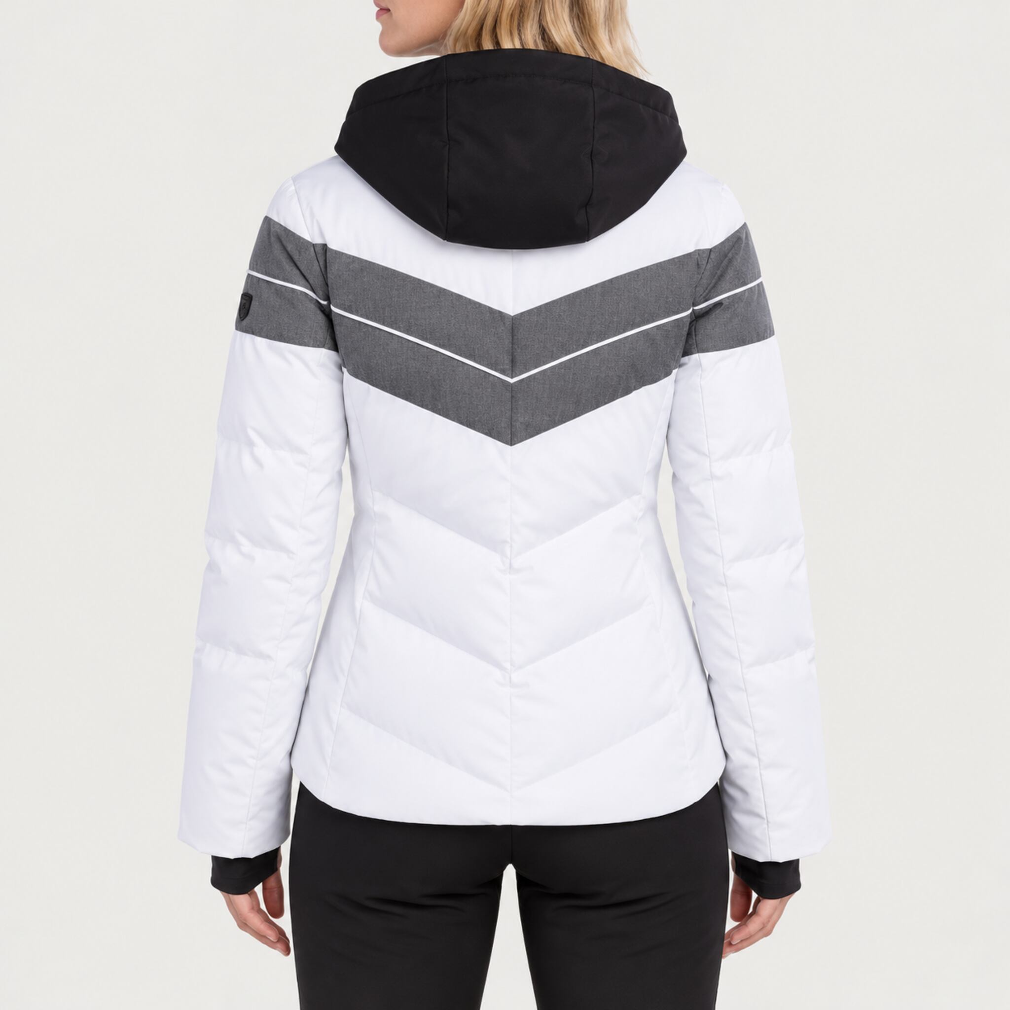 Fera women's Ariel Ski Jacket in White, back view on model.
