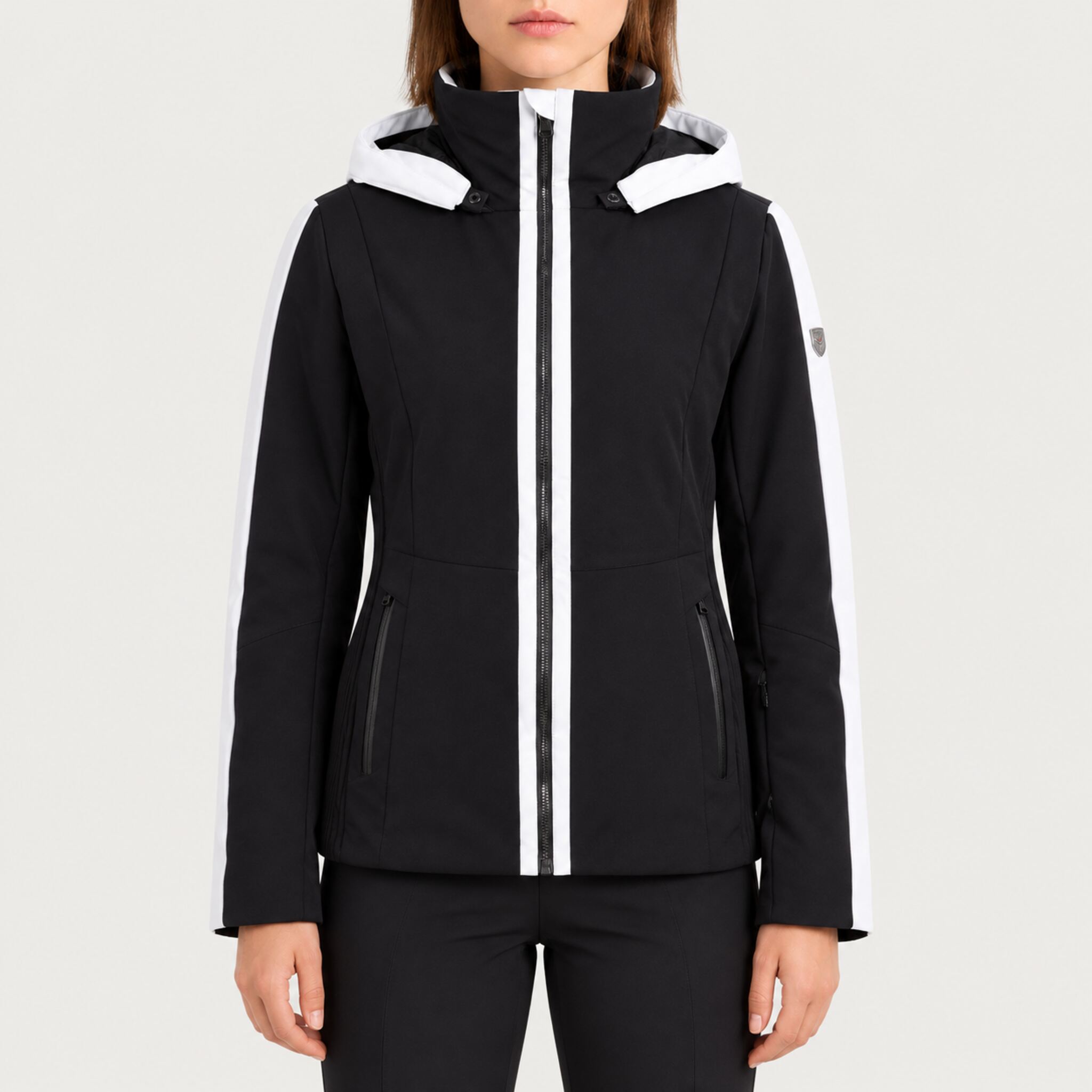 Fera women's Daniella Ski Jacket in Black, front view on model.