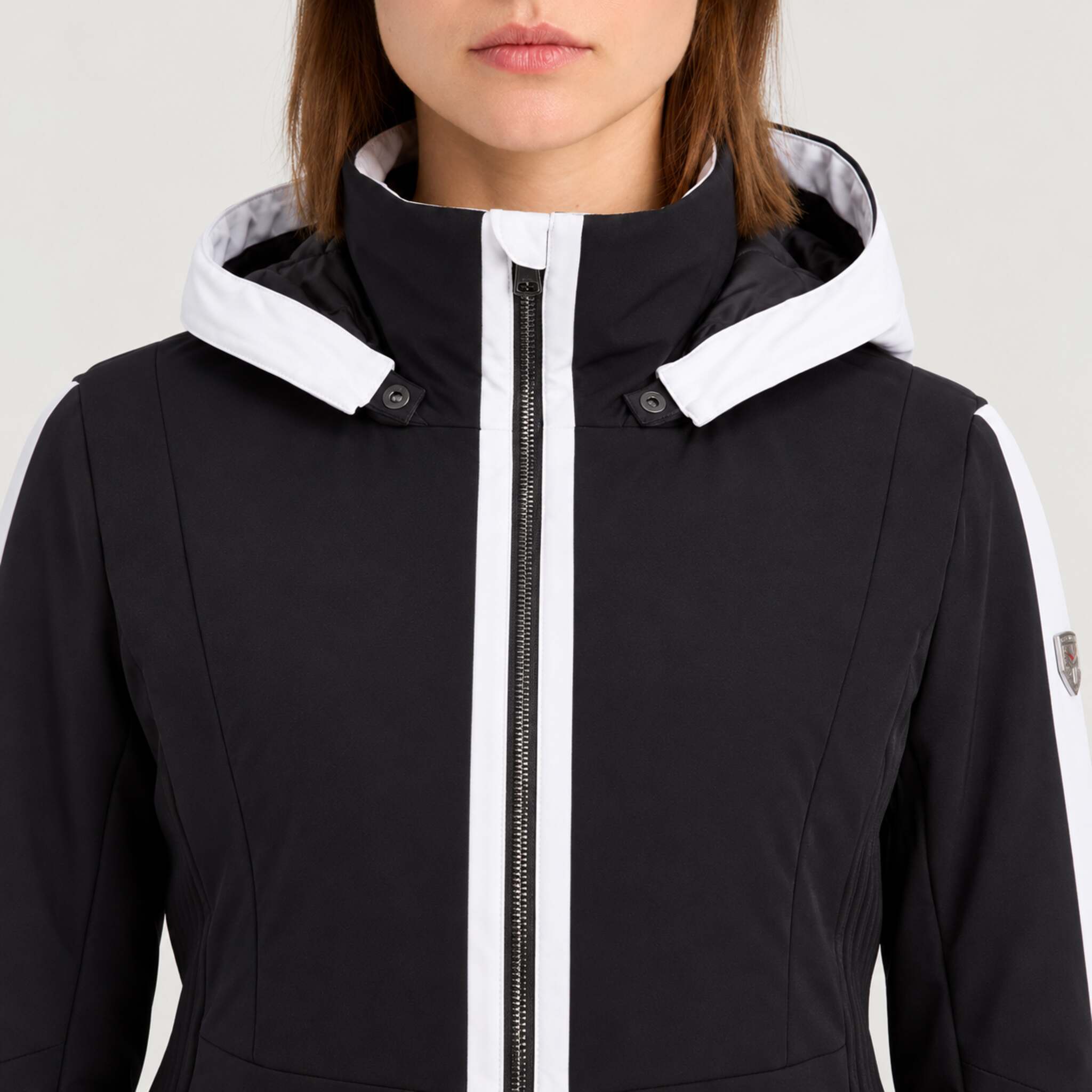 Fera women's Daniella Ski Jacket in Black, close-up showing fabric and design.