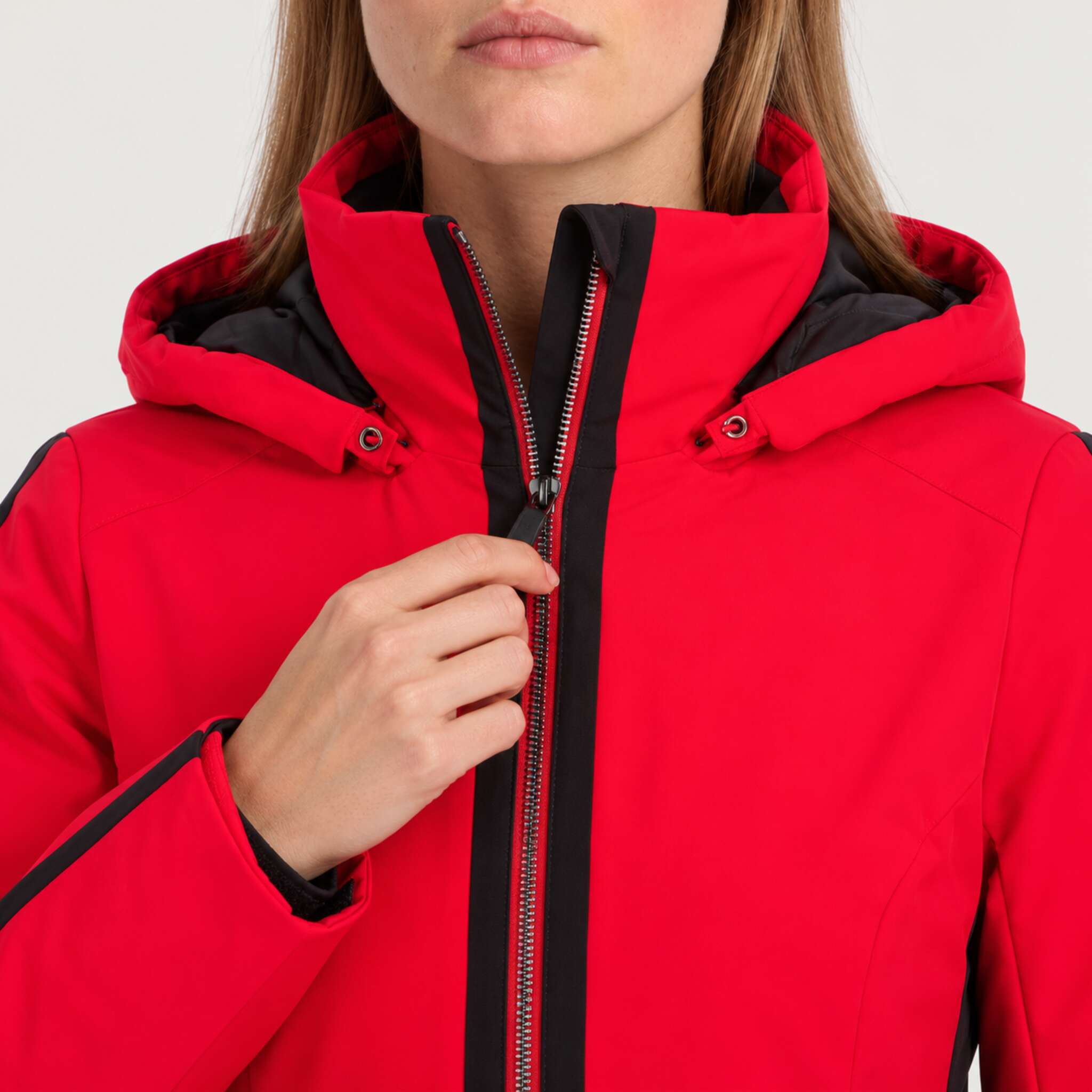 Fera women's Daniella Ski Jacket in Red, close-up showing fabric and design.