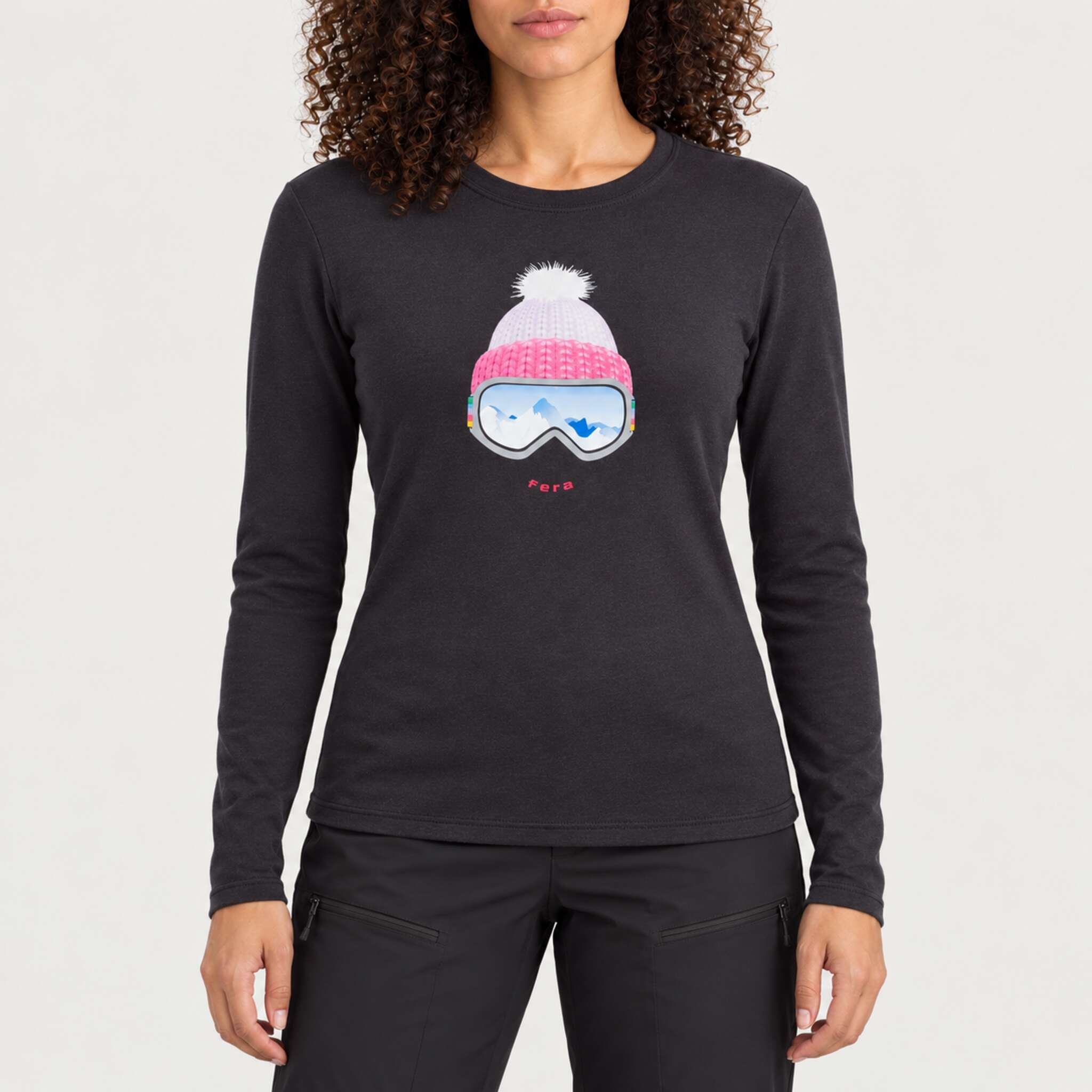 Fera women's Goggle Tee in Black, front view on model.