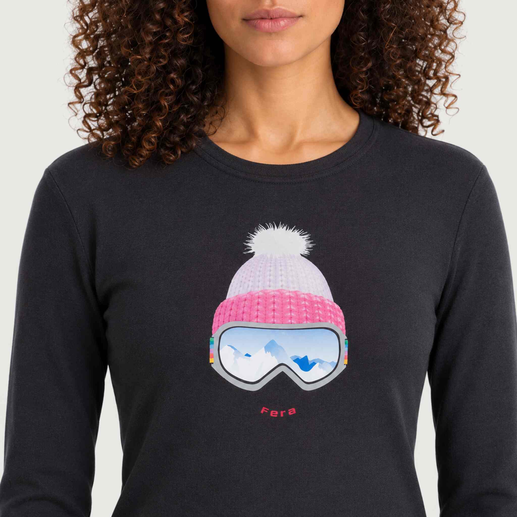 Fera women's Goggle Tee in Black, close-up showing fabric and design.