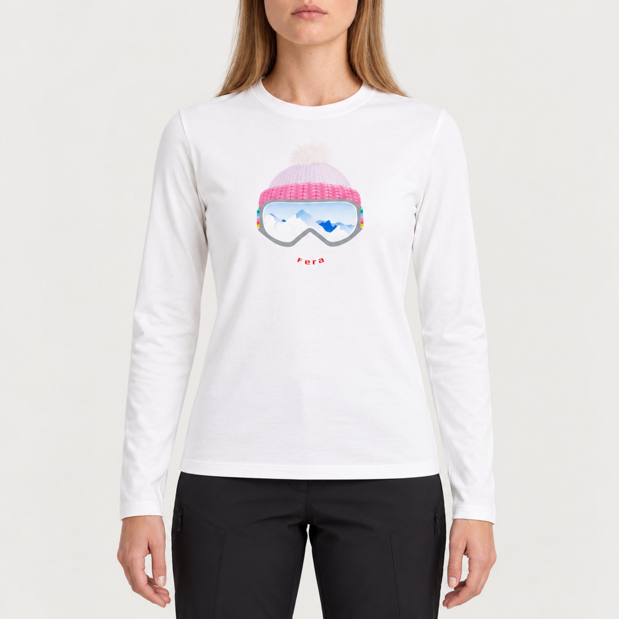 Fera women's Goggle Tee in White, front view on model.