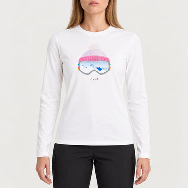 Fera women's Goggle Tee in White, front view on model.