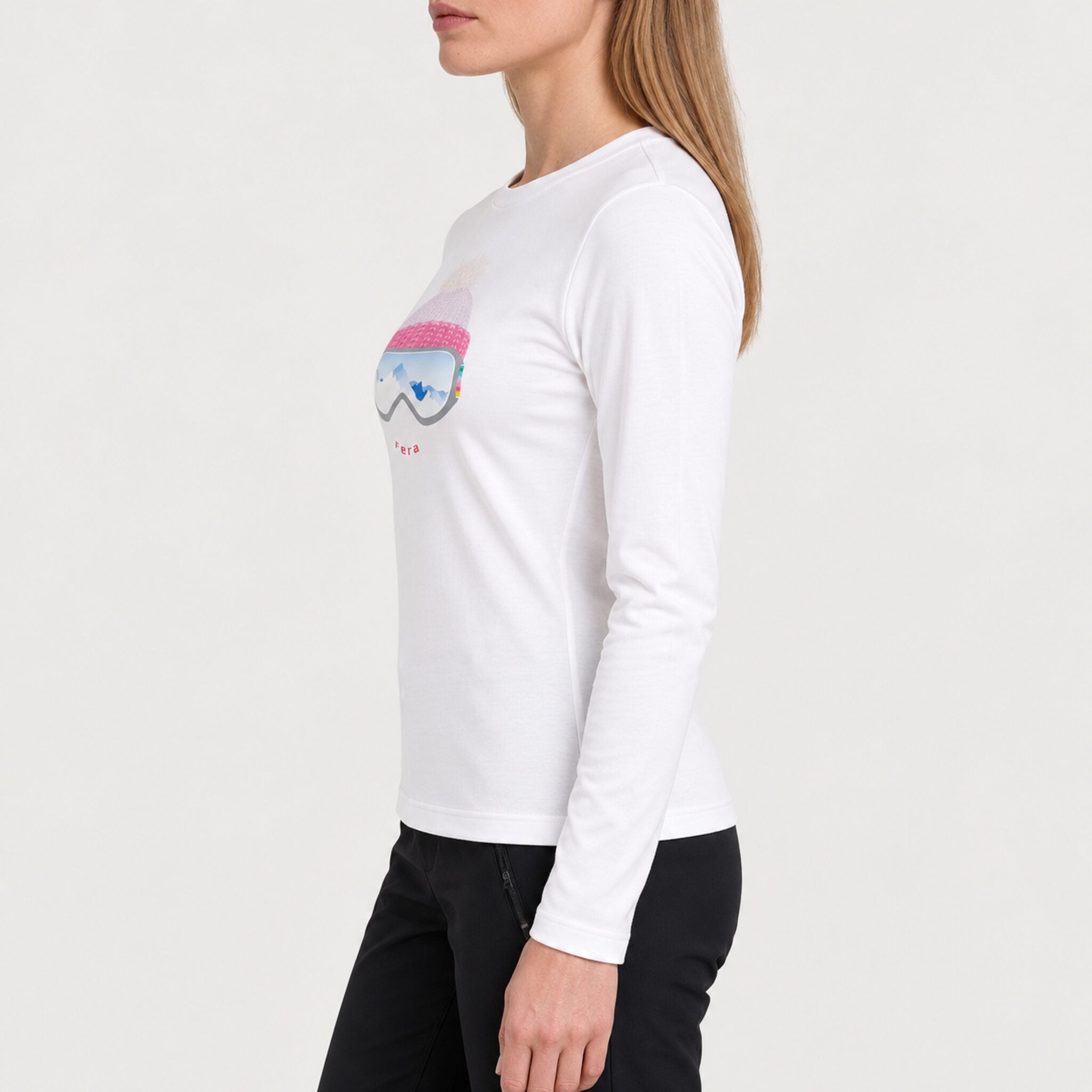 Fera women's Goggle Tee in White, side view on model.