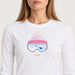 Fera women's Goggle Tee in White, close-up showing fabric and design.