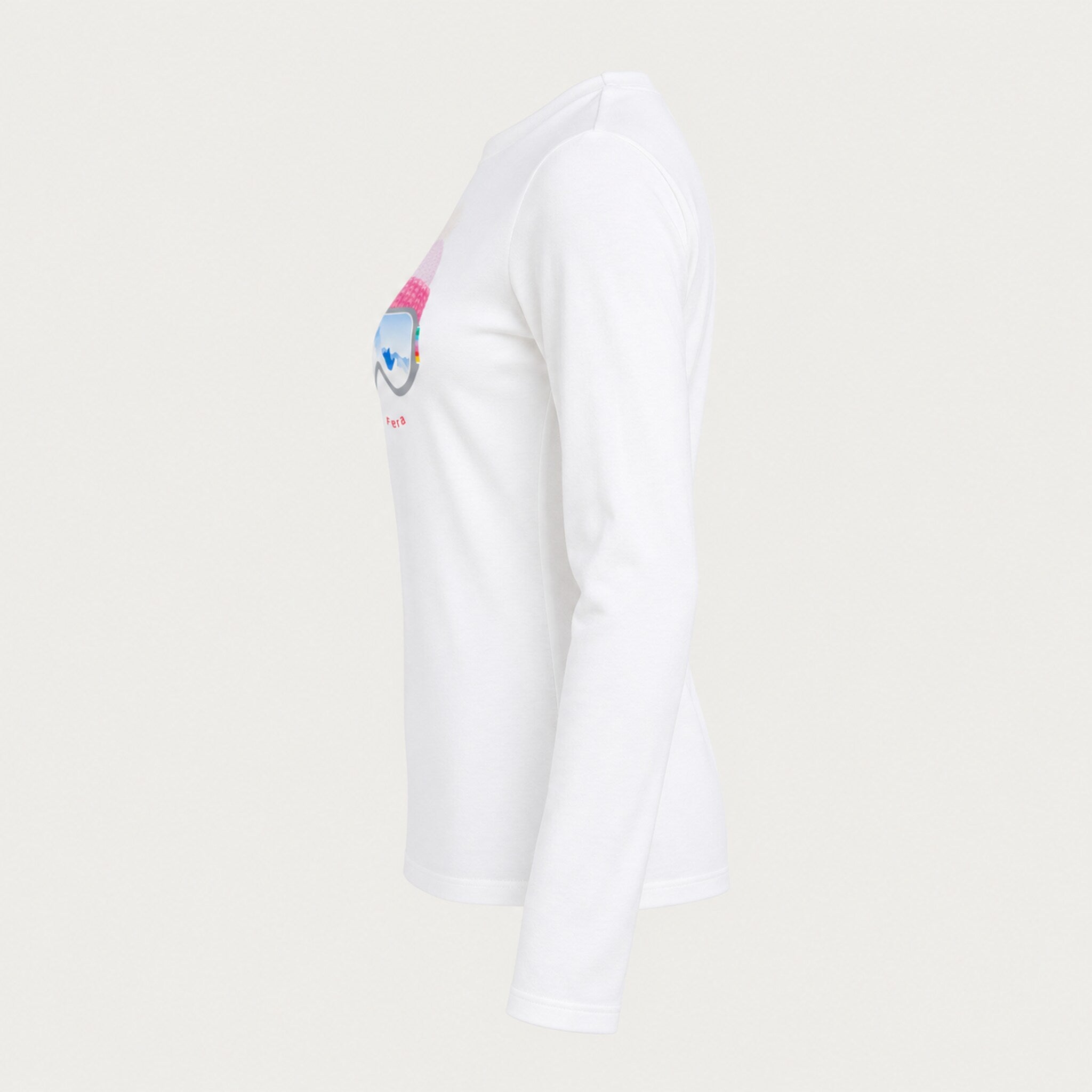 Fera women's Goggle Tee in White, side view.