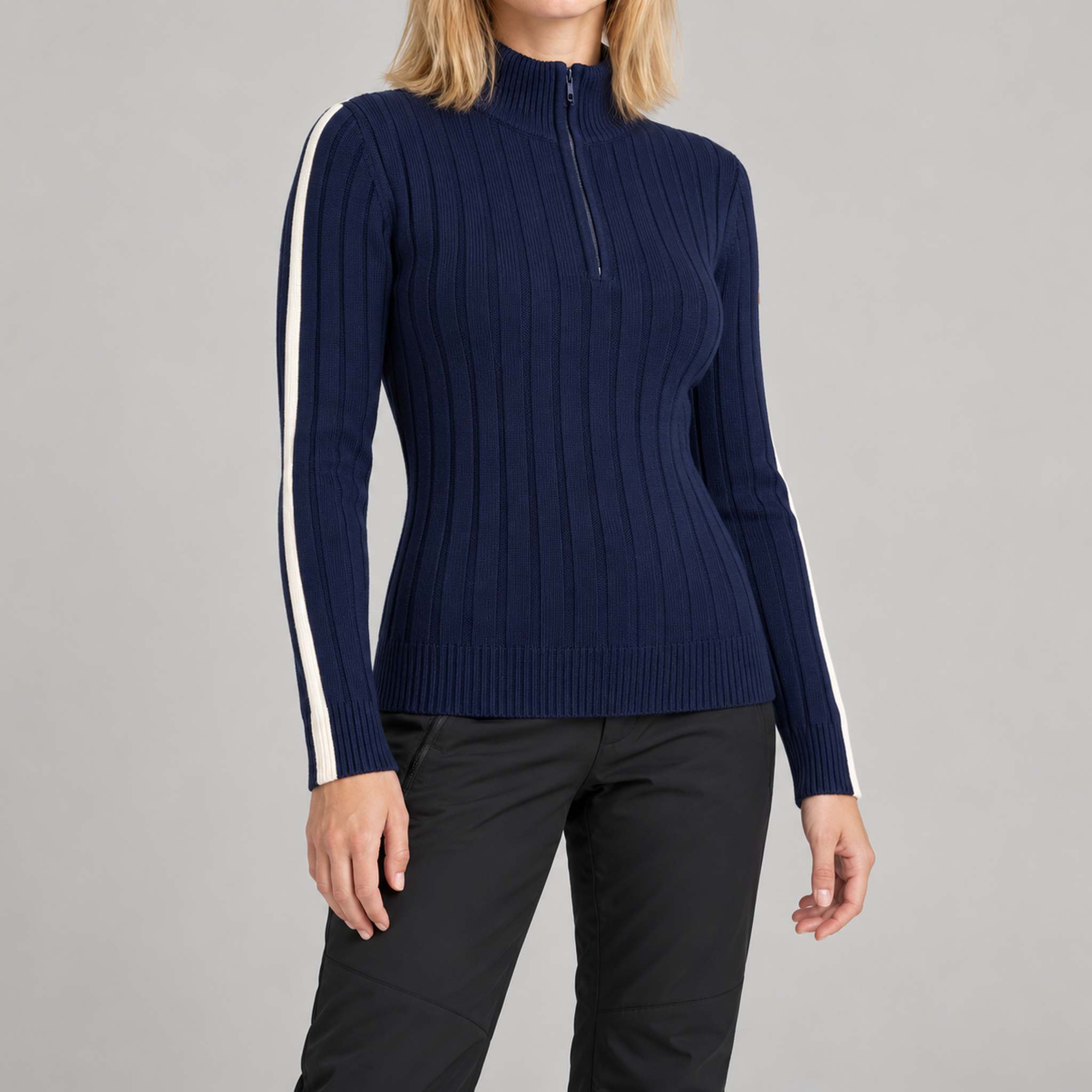 Fera womens Jeannie Sweater Navy, model outfit.