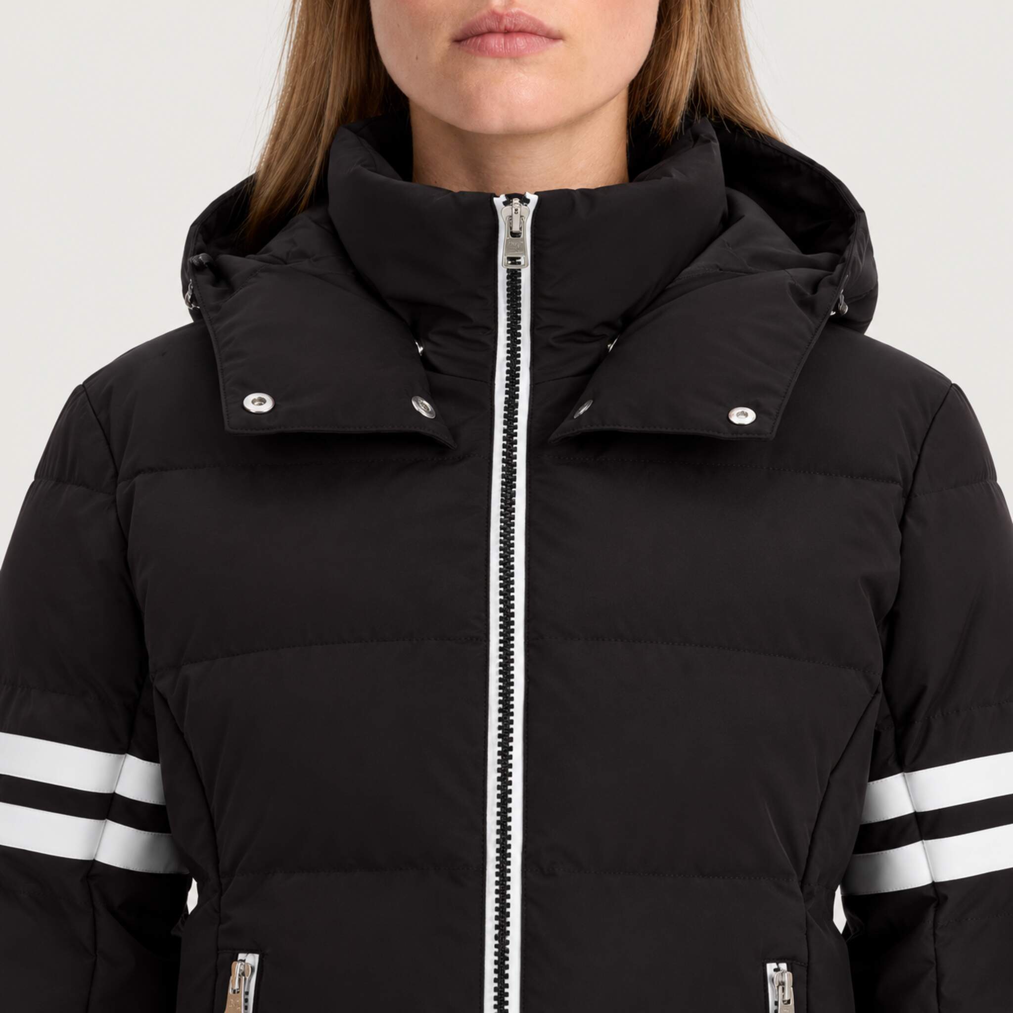 Fera women's Kate Ski Jacket in Black, close-up showing fabric and design.