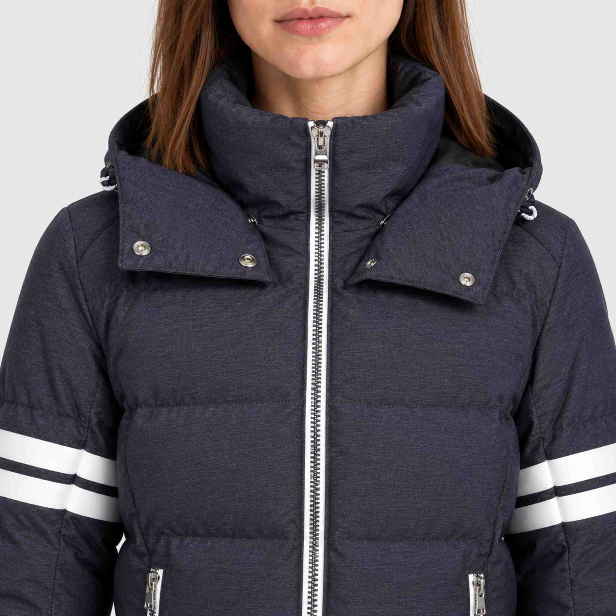 Fera women's Kate Ski Jacket in Indigo, close-up showing fabric and design.