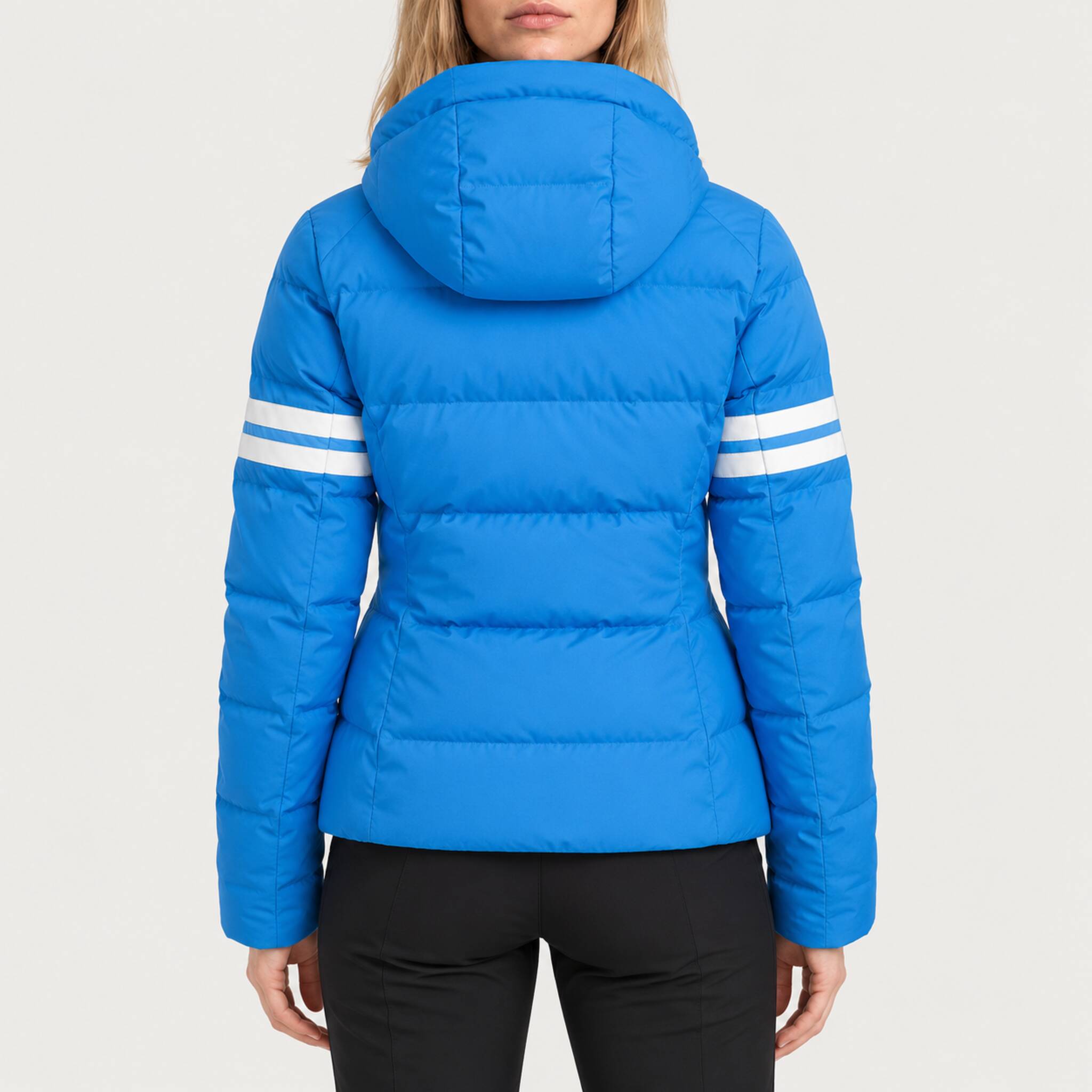 Fera women's Kate Ski Jacket in Riviera Blue, back view on model.