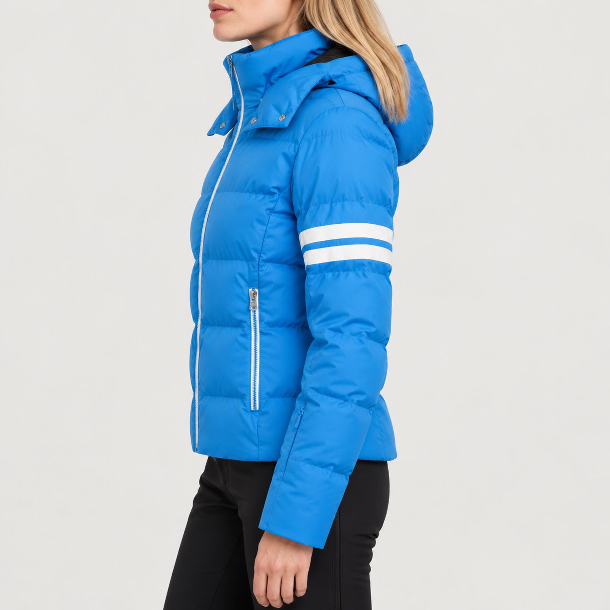 Fera women's Kate Ski Jacket in Riviera Blue, side view on model.