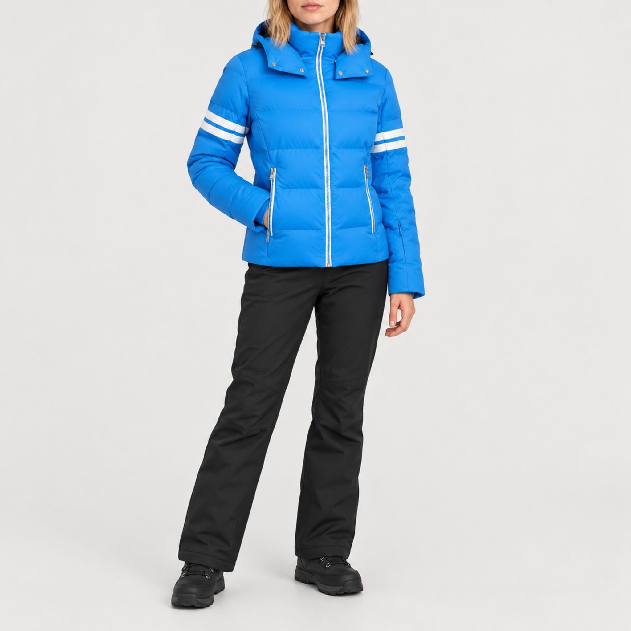Fera women's Kate Ski Jacket in Riviera Blue, full outfit on model.