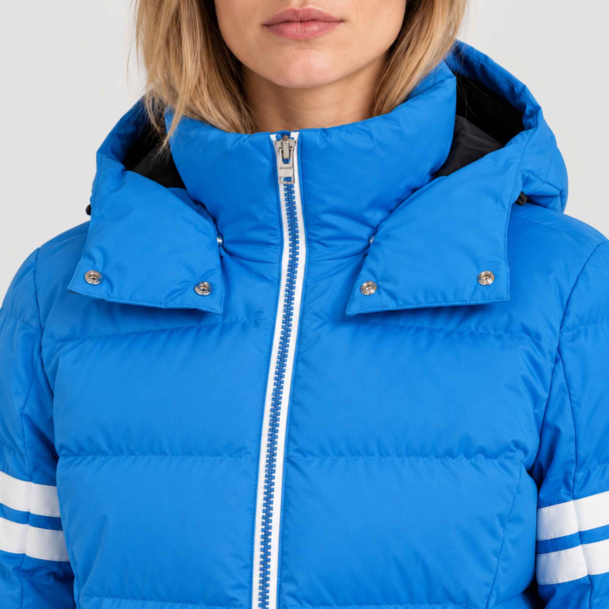 Fera women's Kate Ski Jacket in Riviera Blue, close-up showing fabric and design.