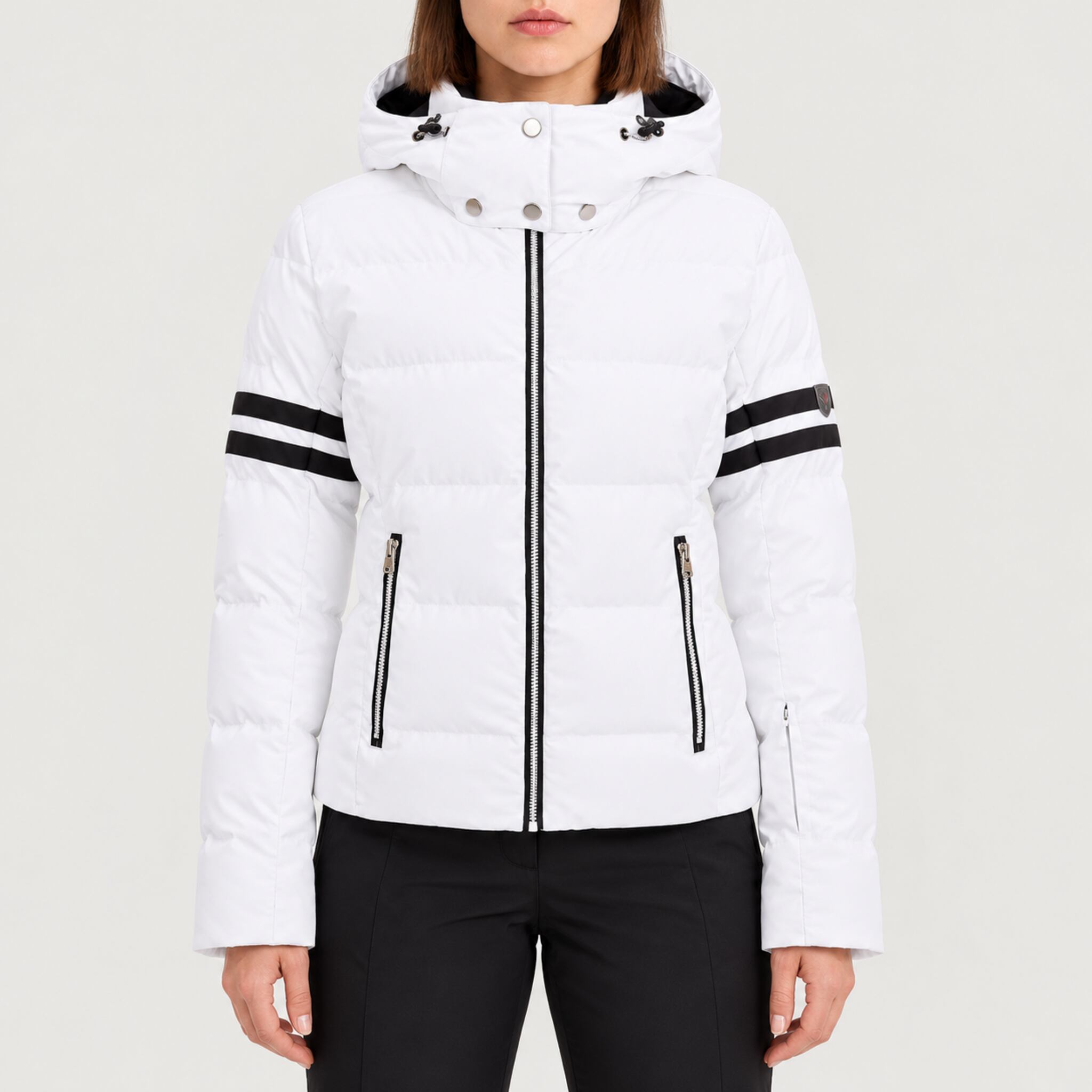 Fera women's Kate Ski Jacket in White, front view on model.