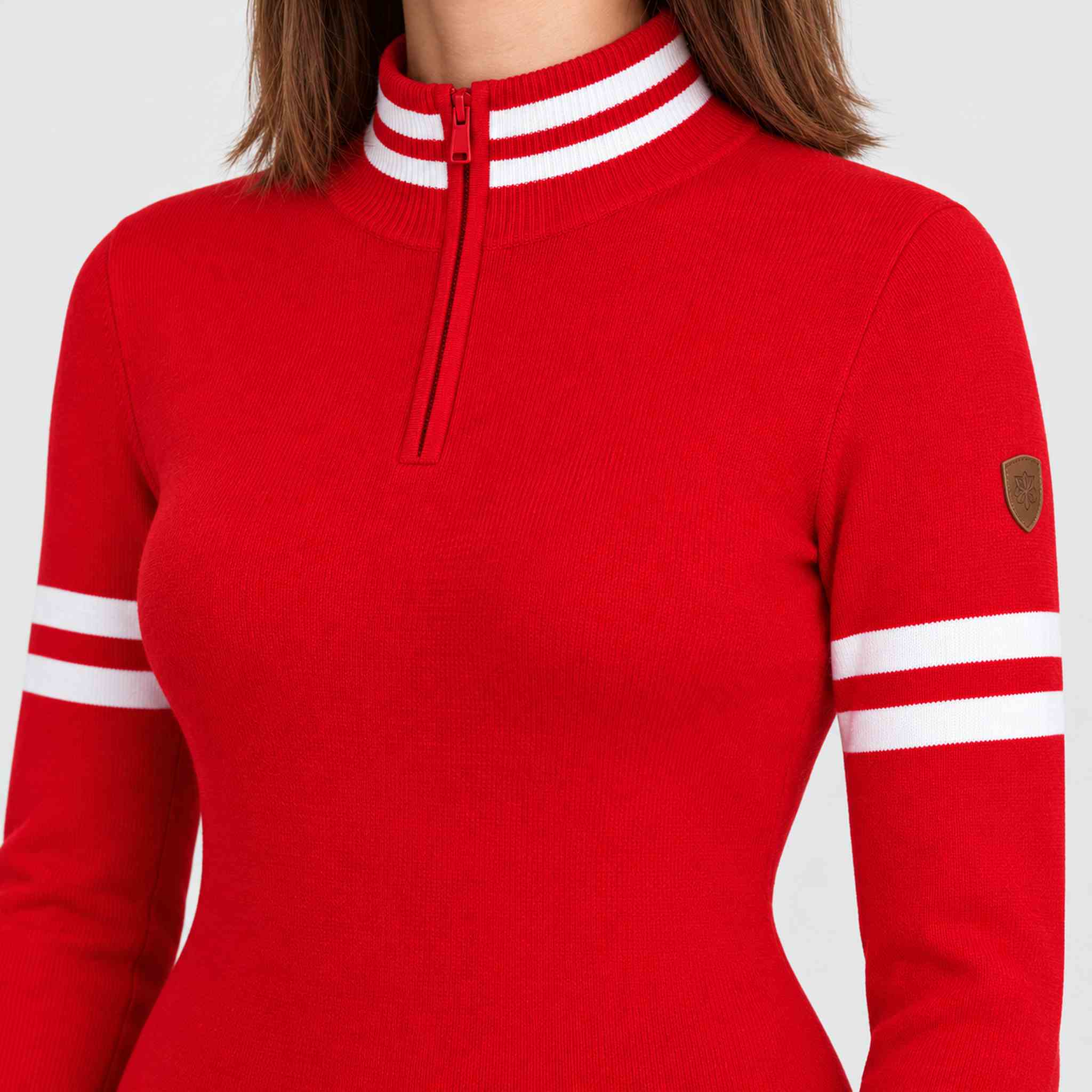 Fera women's Kate Sweater in Red, model close up