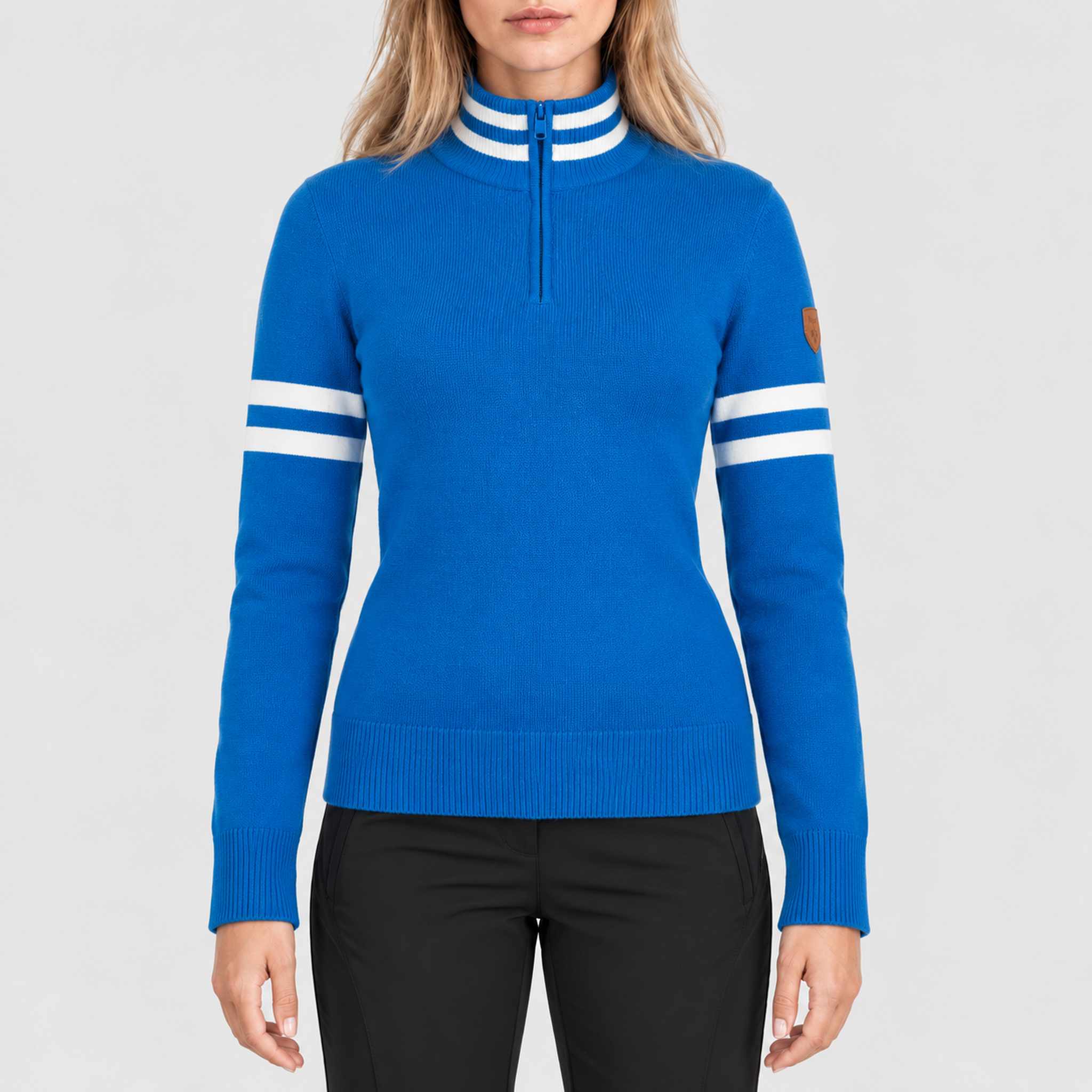 Fera women's Kate Sweater in Riviera Blue, model front