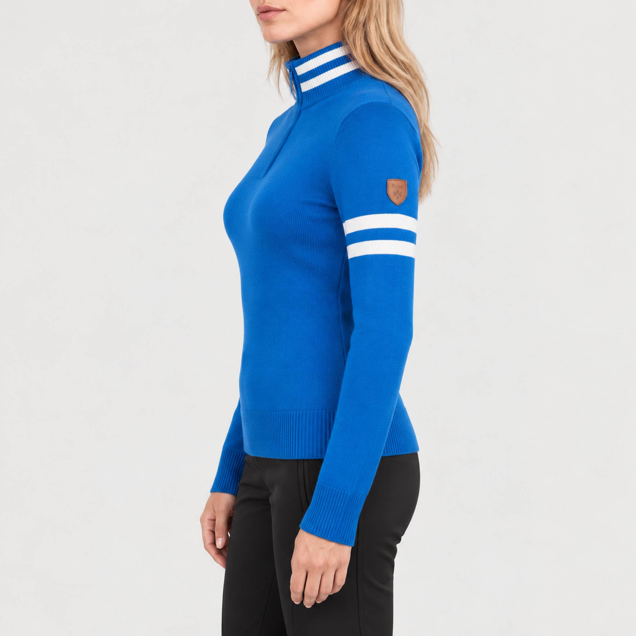 Fera women's Kate Sweater in Riviera Blue, model side