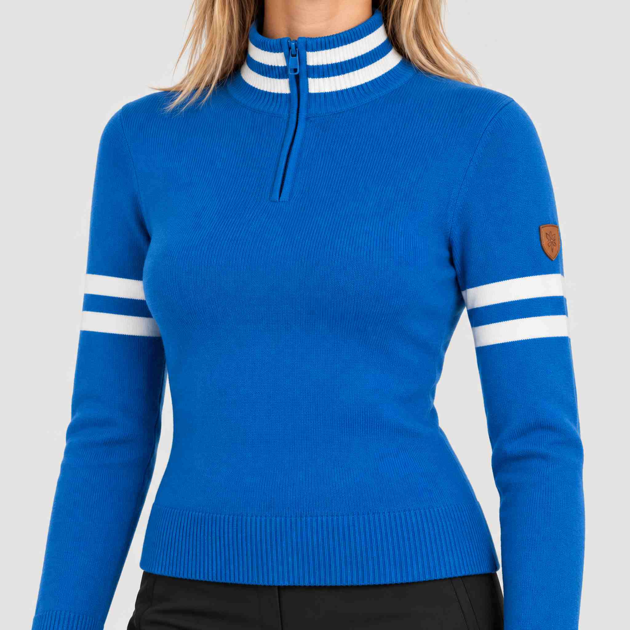 Fera women's Kate Sweater in Riviera Blue, model close up