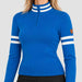 Fera women's Kate Sweater in Riviera Blue, model close up