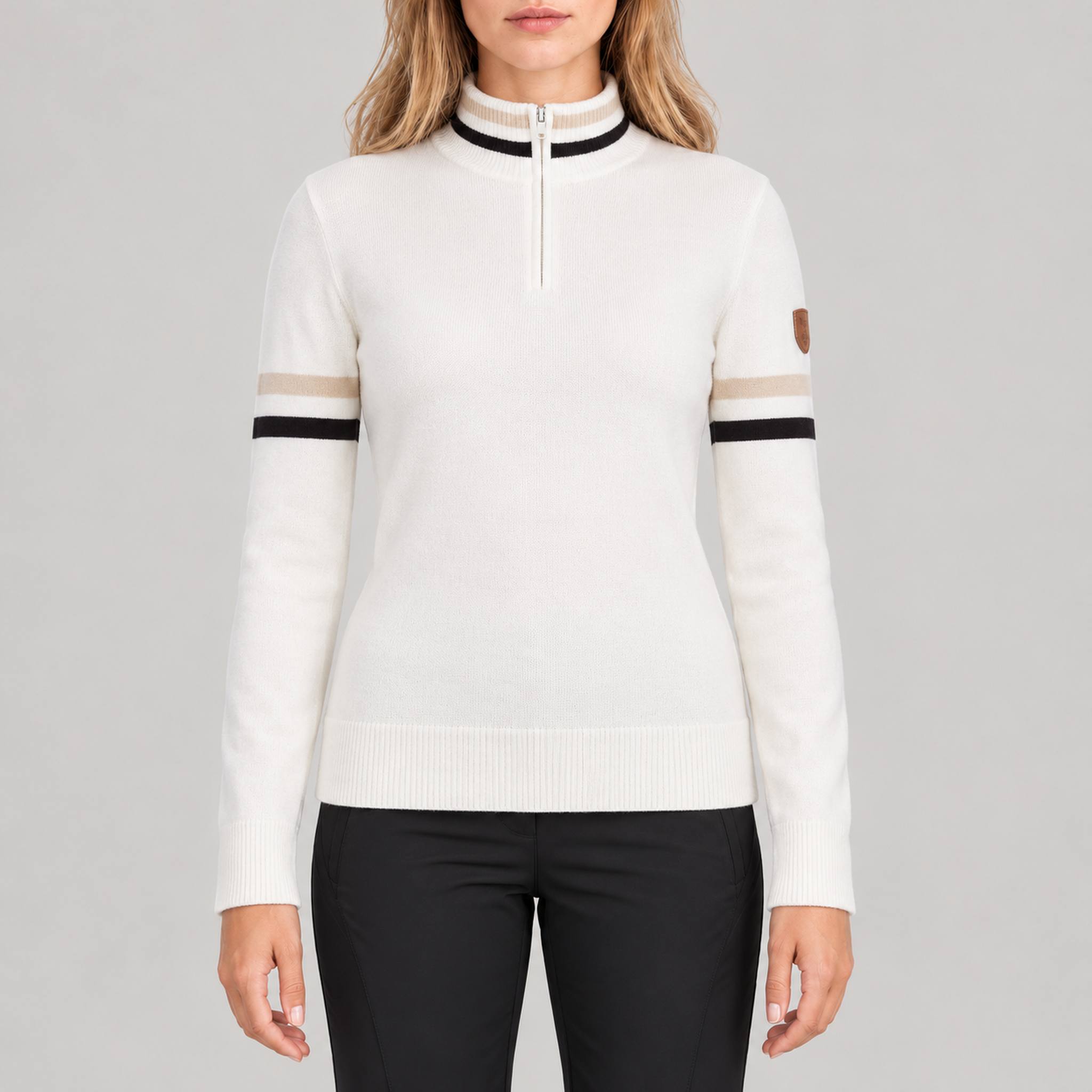 Fera women's Kate Sweater in White, front view on model.