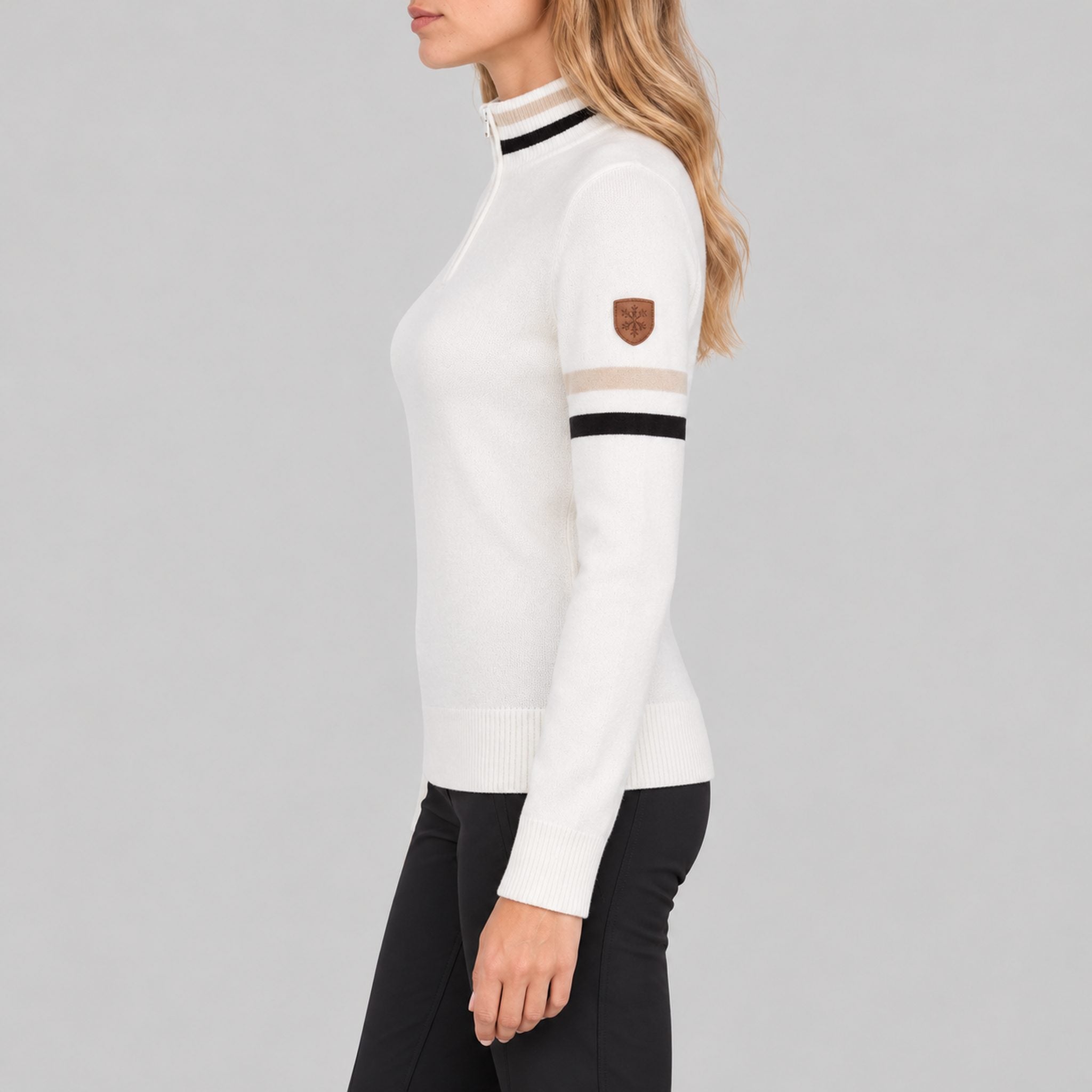 Fera women's Kate Sweater in White, side view on model.