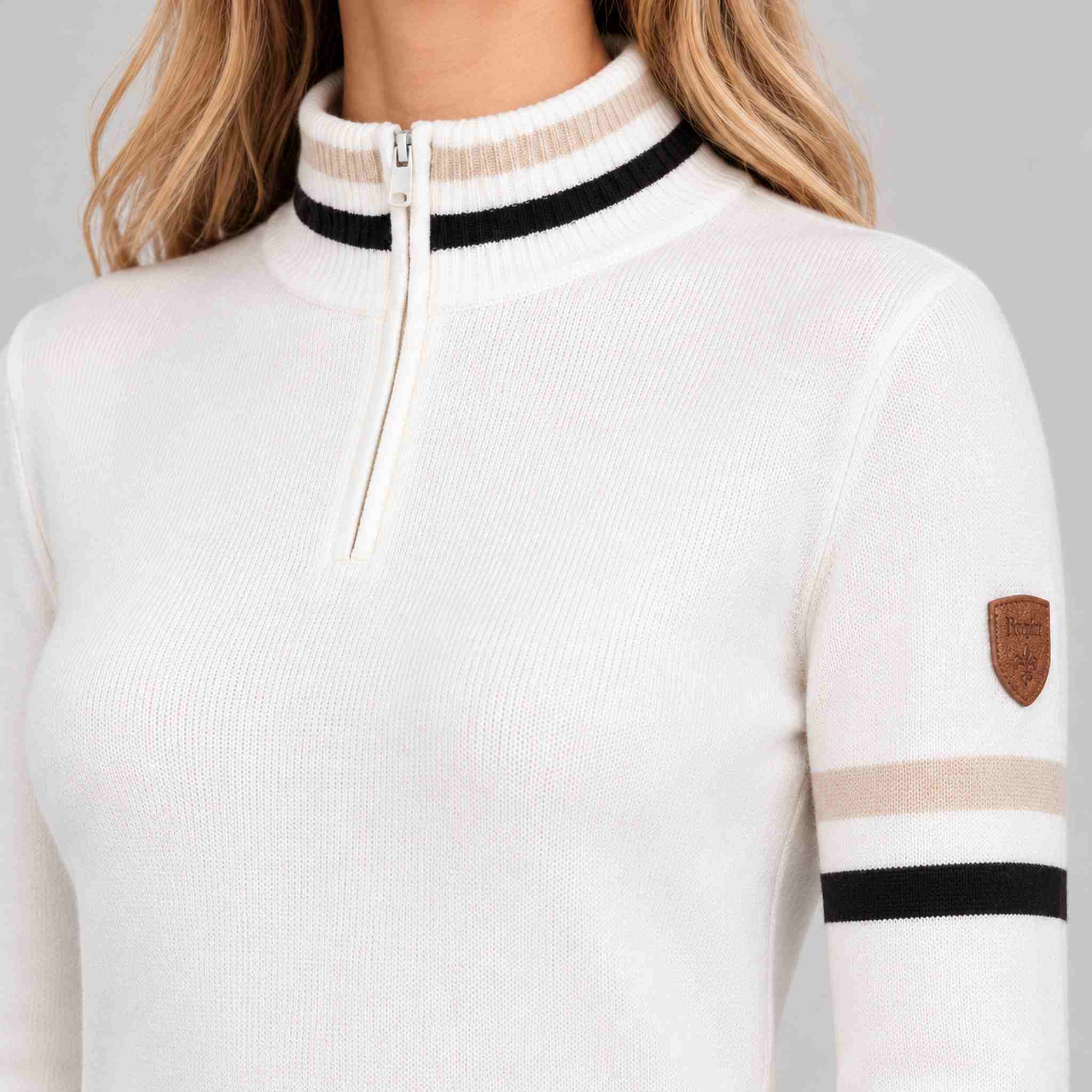 Fera women's Kate Sweater in White, detail close-up.