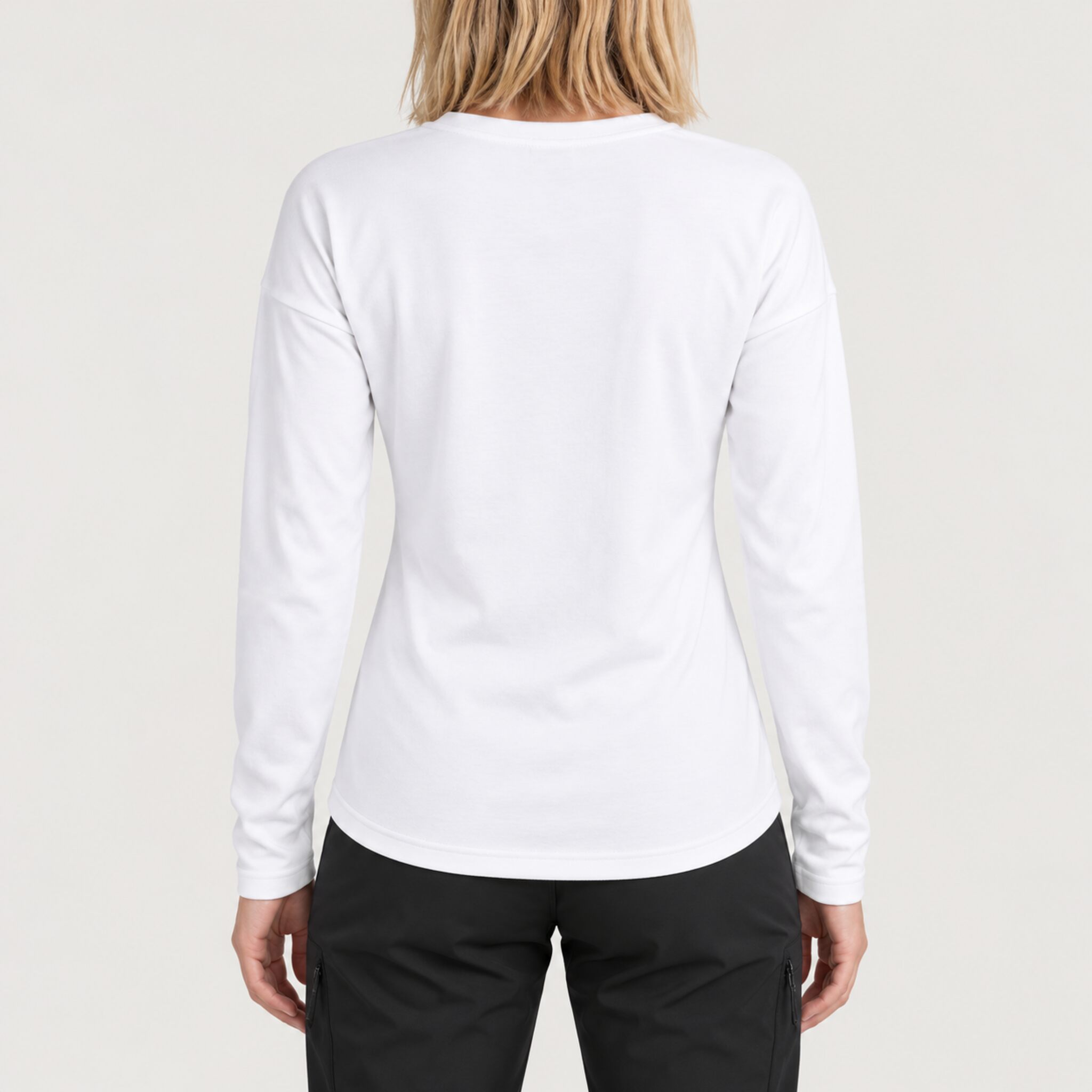 Fera women's Martini Run Tee in White, back view on model.