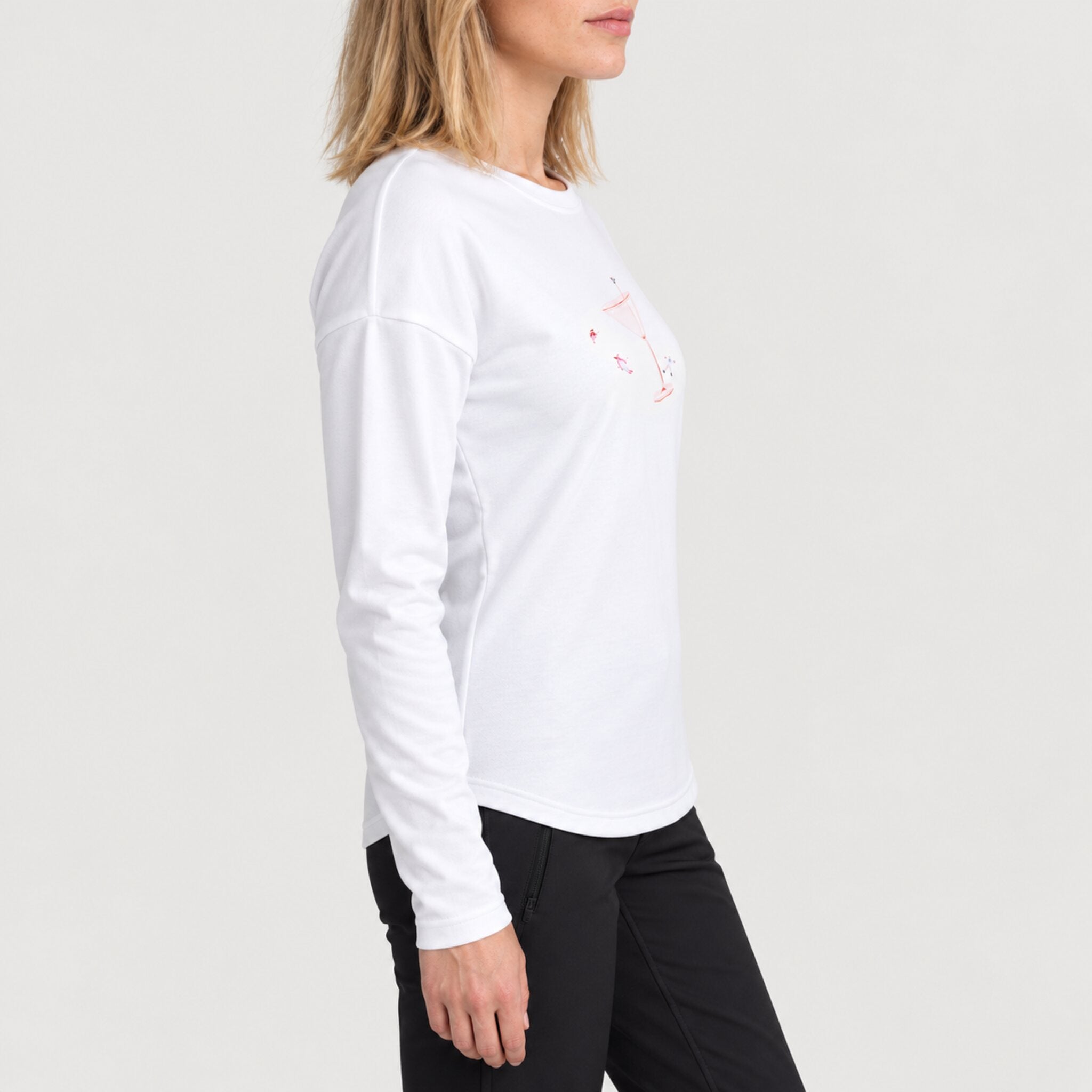 Fera women's Martini Run Tee in White, side view on model.