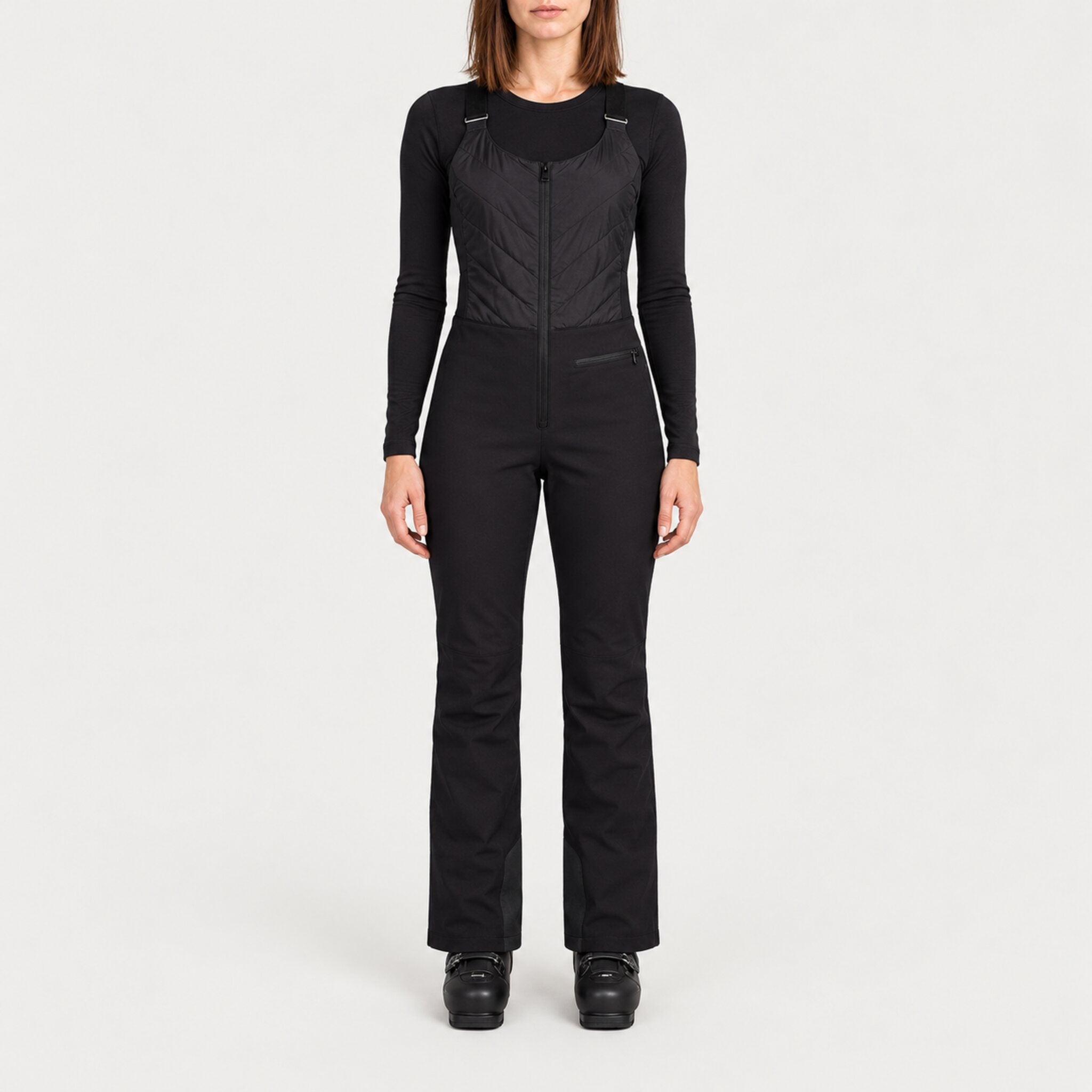 Fera women's Nikki Stretch Bib Pant, front view on model.