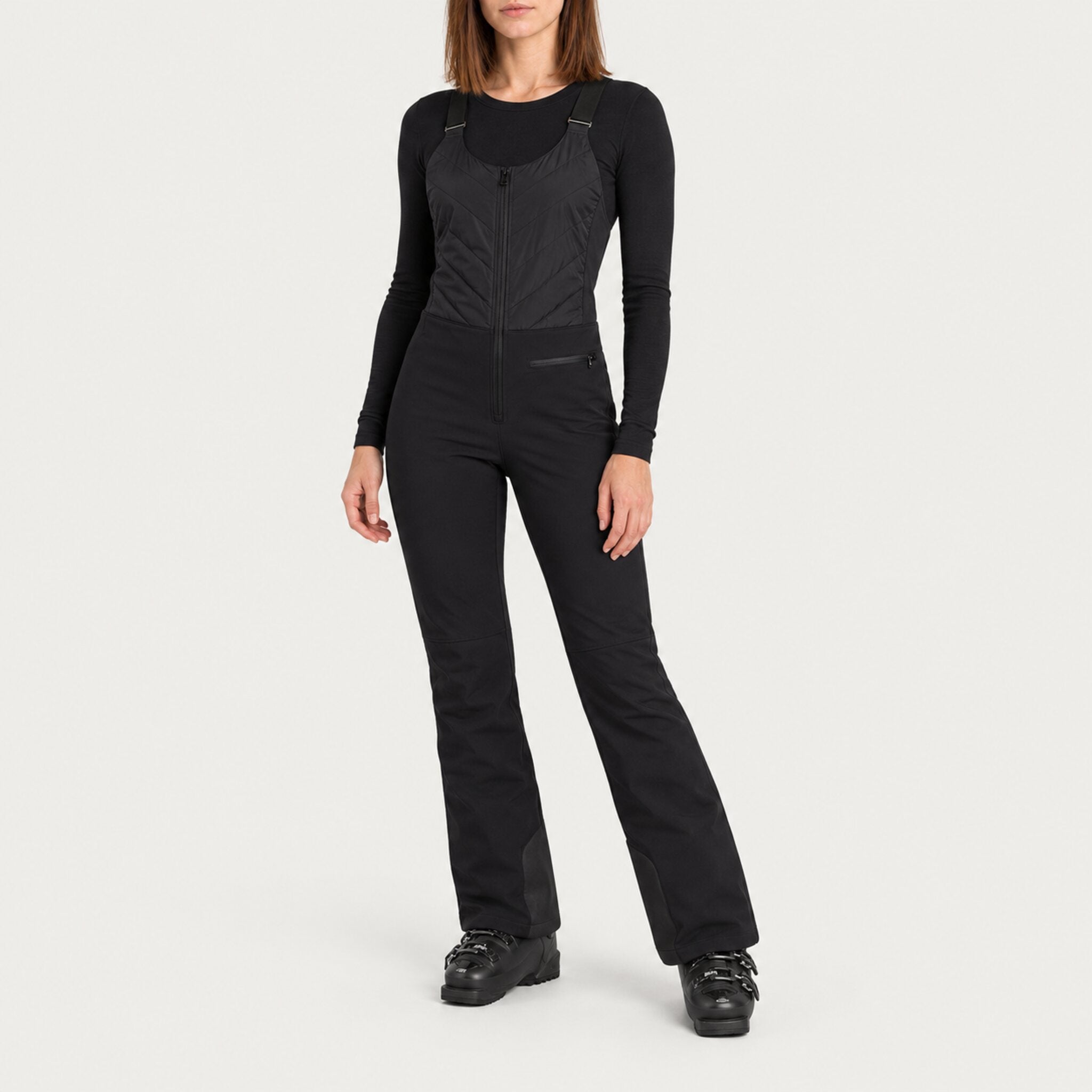 Fera women's Nikki Stretch Bib Pant, full outfit on model.