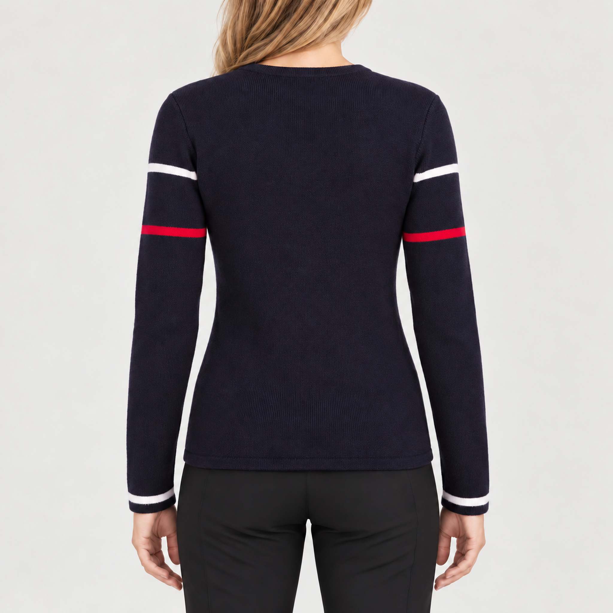 Fera womens Podium Sweater in Indigo, model back.