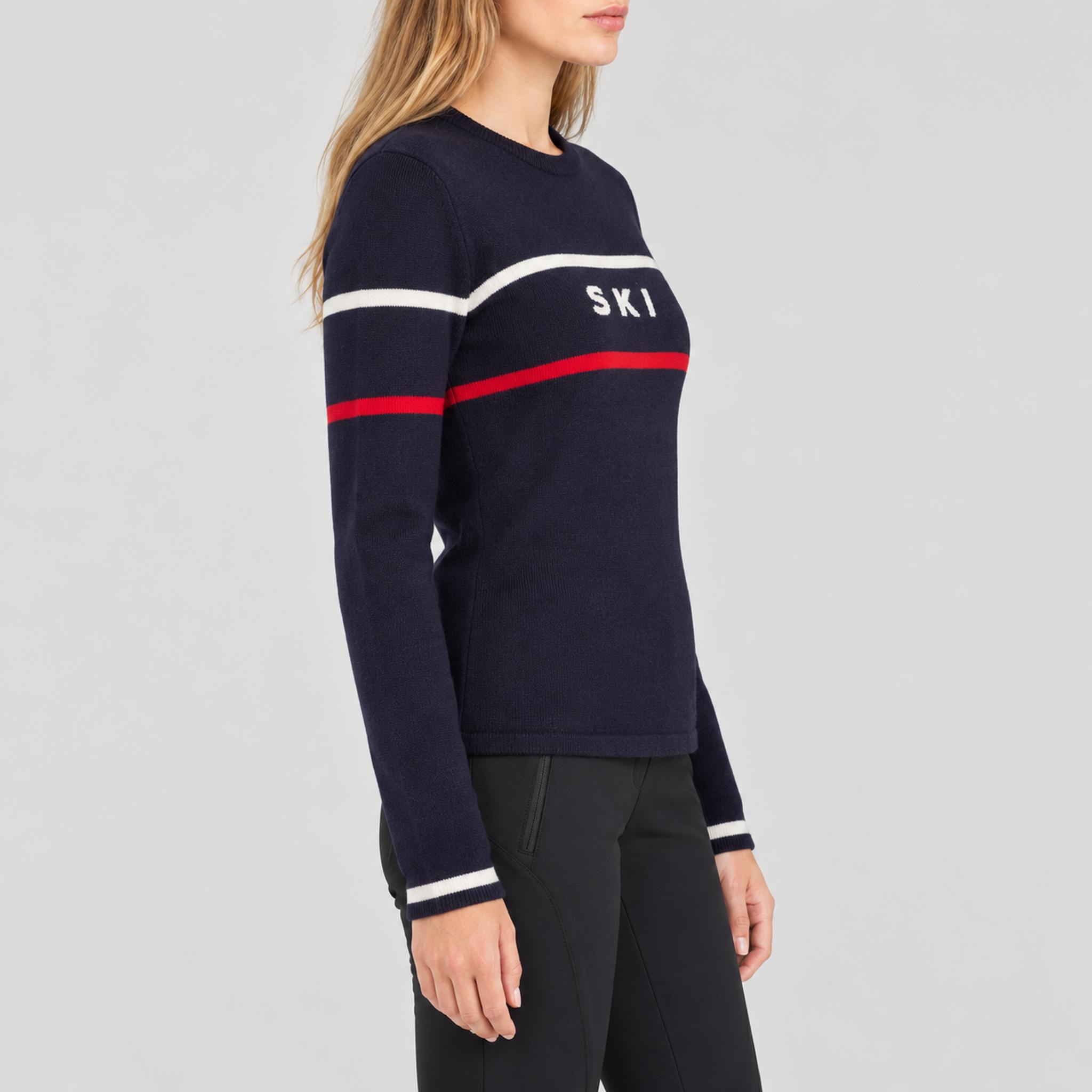 Fera women's Podium Sweater in Indigo, model side