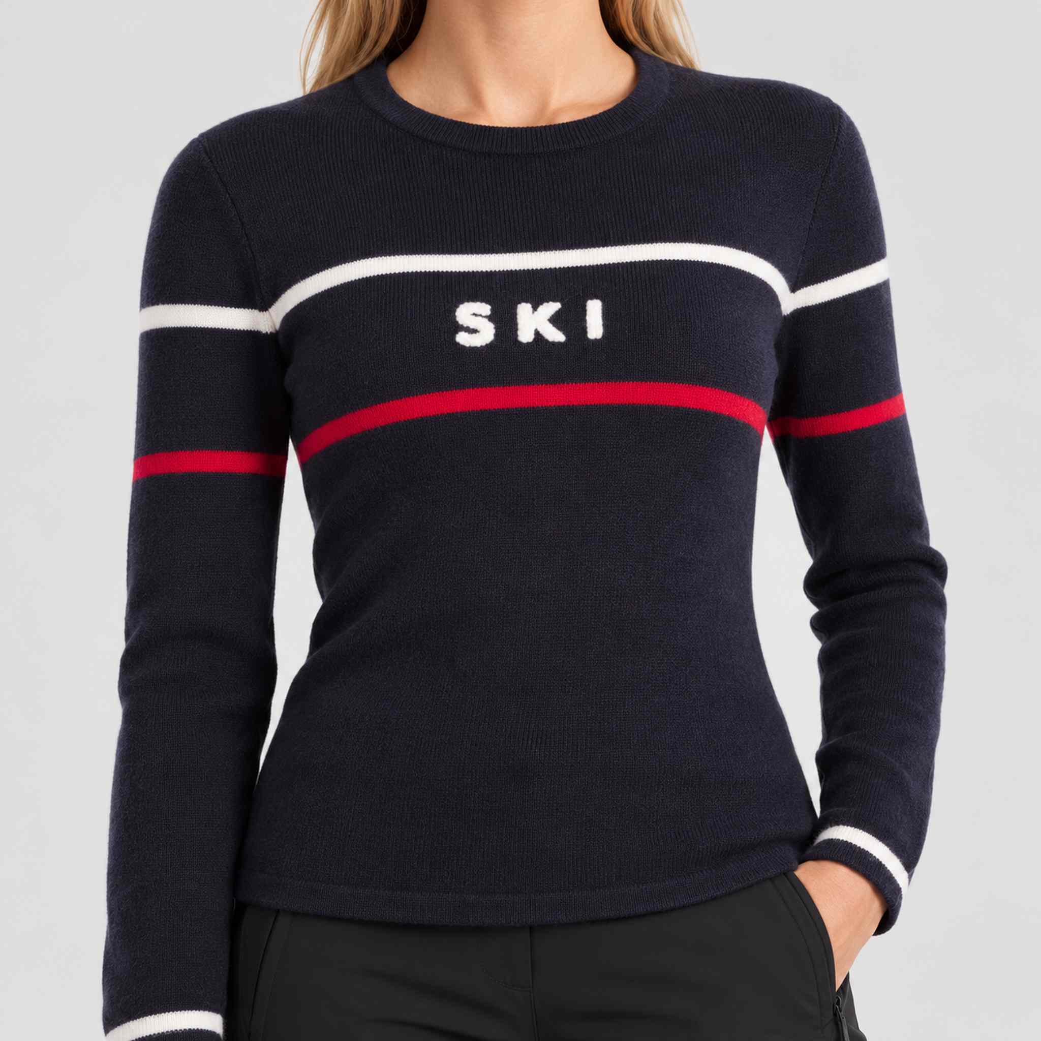 Fera women's Podium Sweater in Indigo, model close up