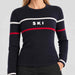 Fera women's Podium Sweater in Indigo, model close up