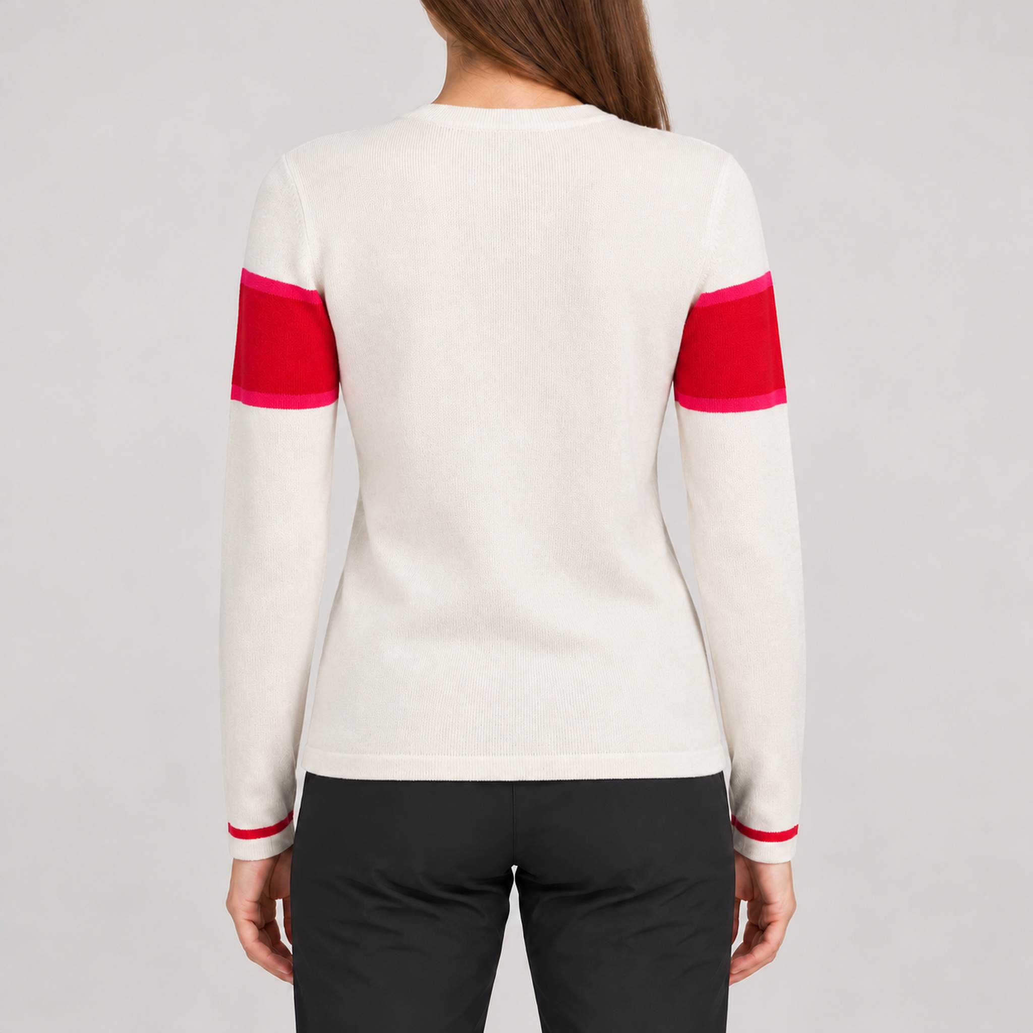 Fera womens Podium Sweater in White, model back.