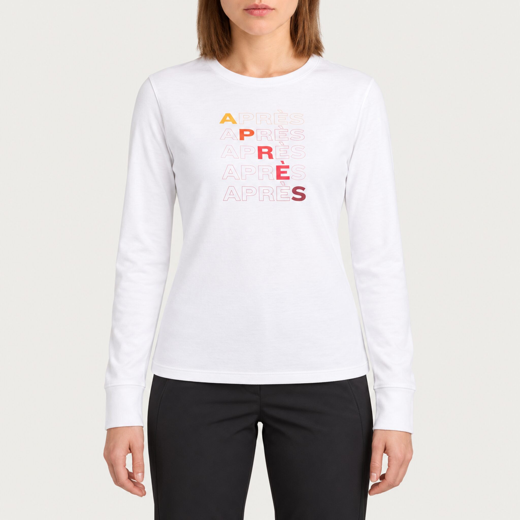 Fera women's Shades of Apres Tee in White, front view on model.