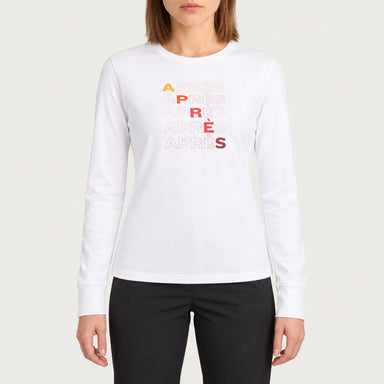 Fera women's Shades of Apres Tee in White, front view on model.