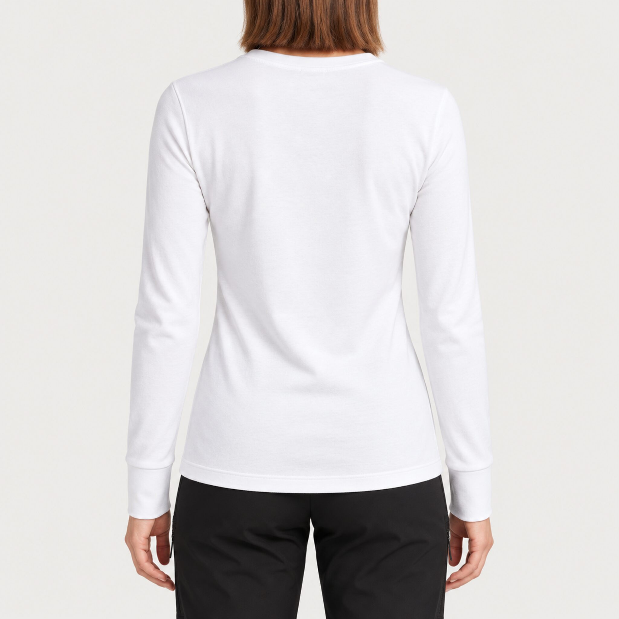 Fera women's Shades of Apres Tee in White, back view on model.