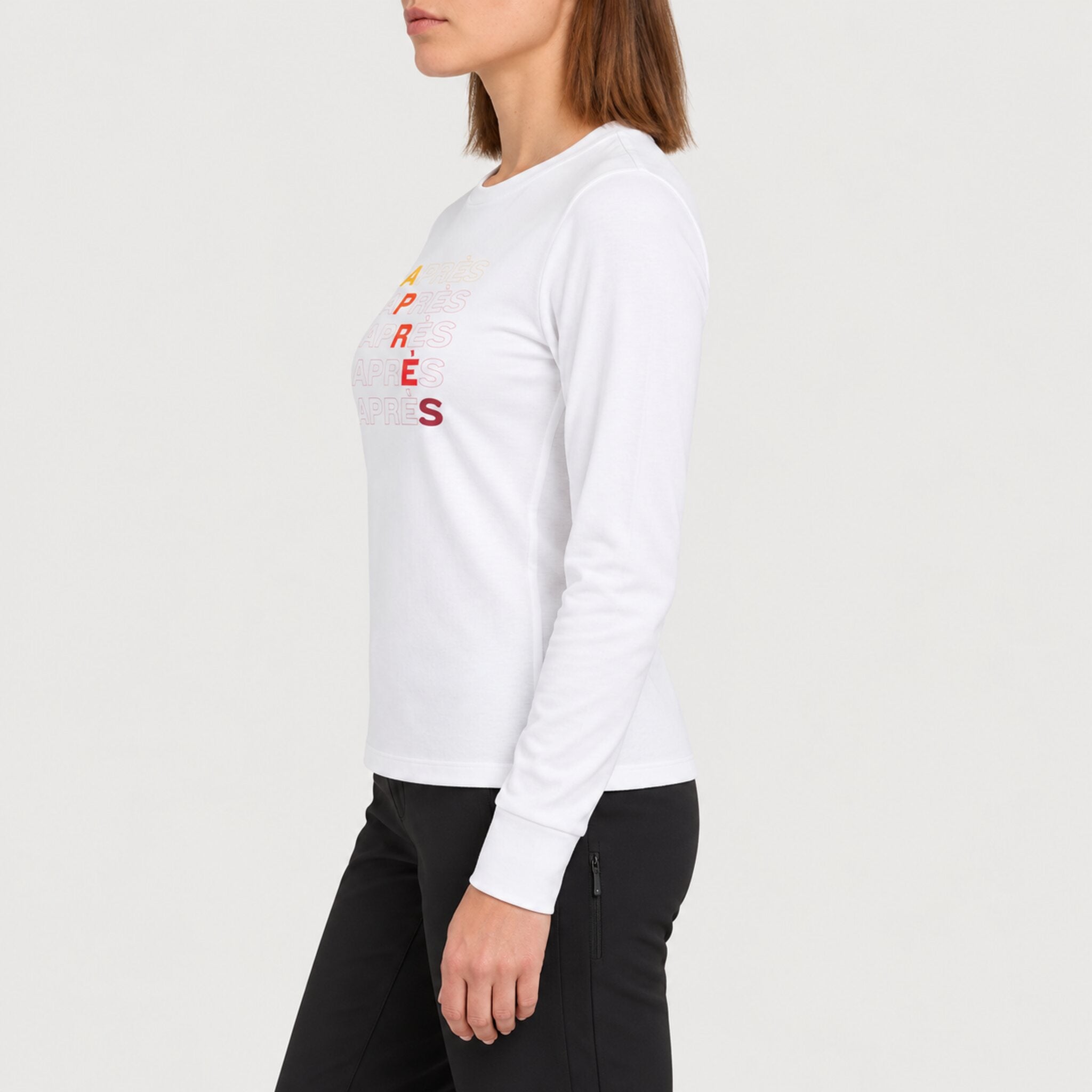 Fera women's Shades of Apres Tee in White, side view on model.