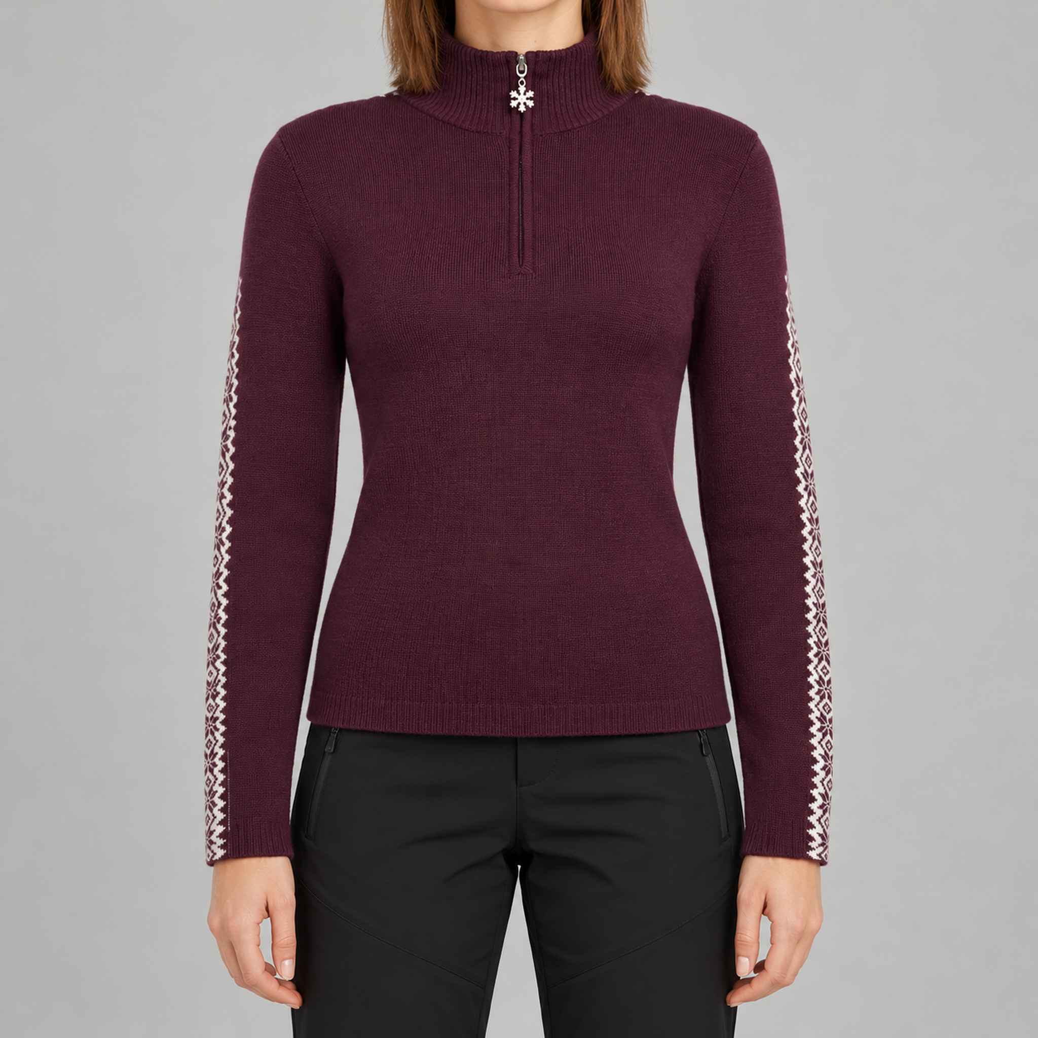 Fera womens Tina Sweater Aubergine, model front.