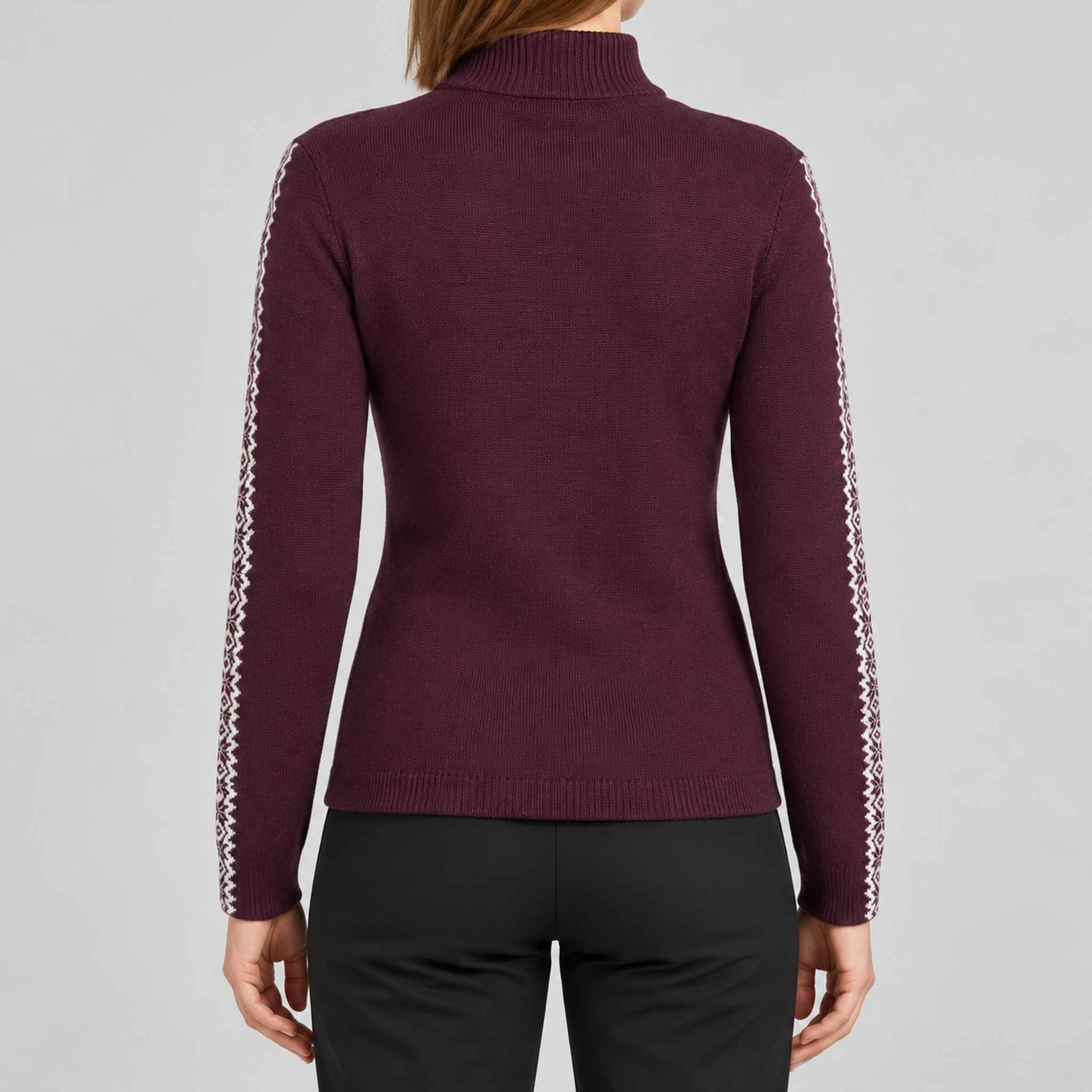 Fera womens Tina Sweater Aubergine, model back.