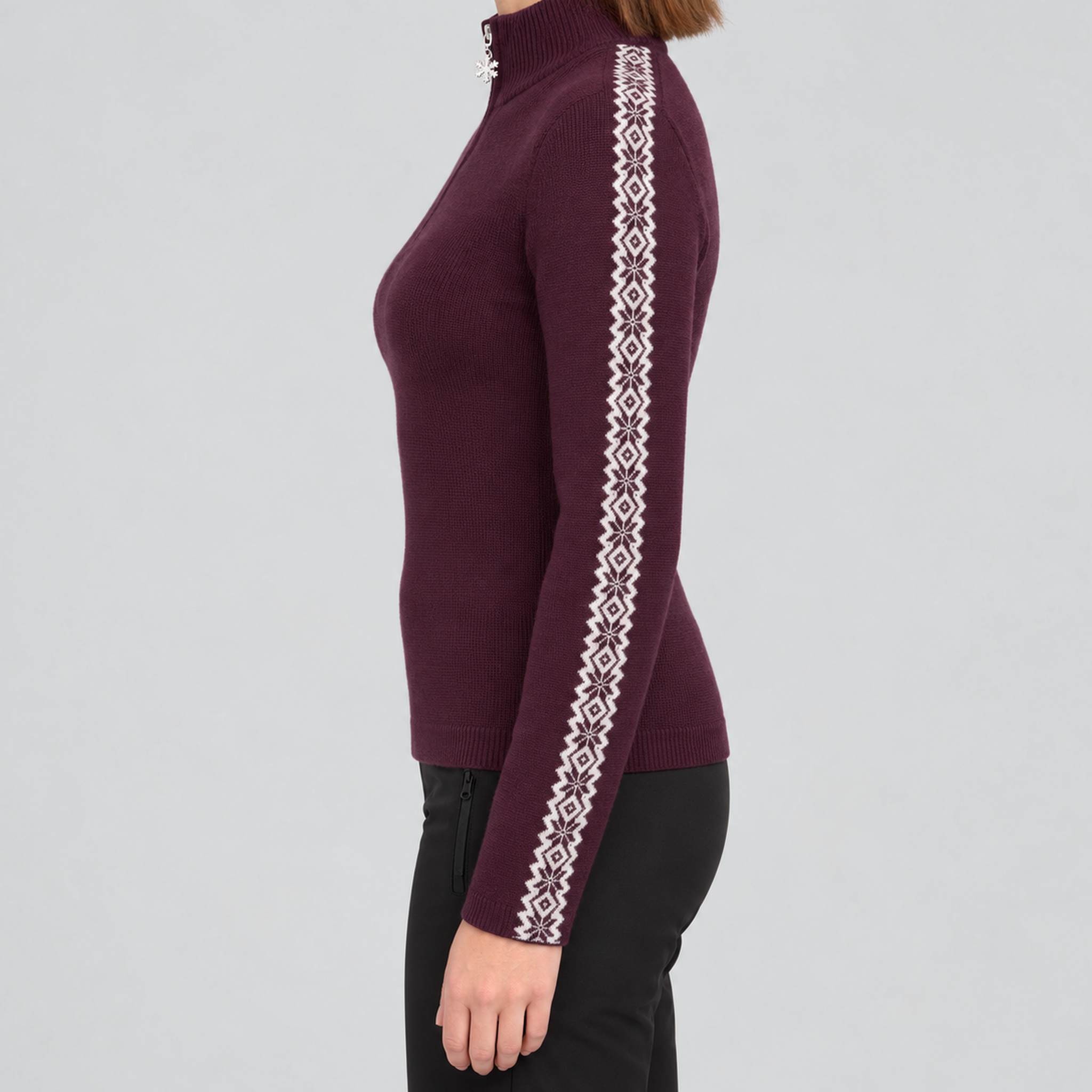 Fera womens Tina Sweater Aubergine, model side.