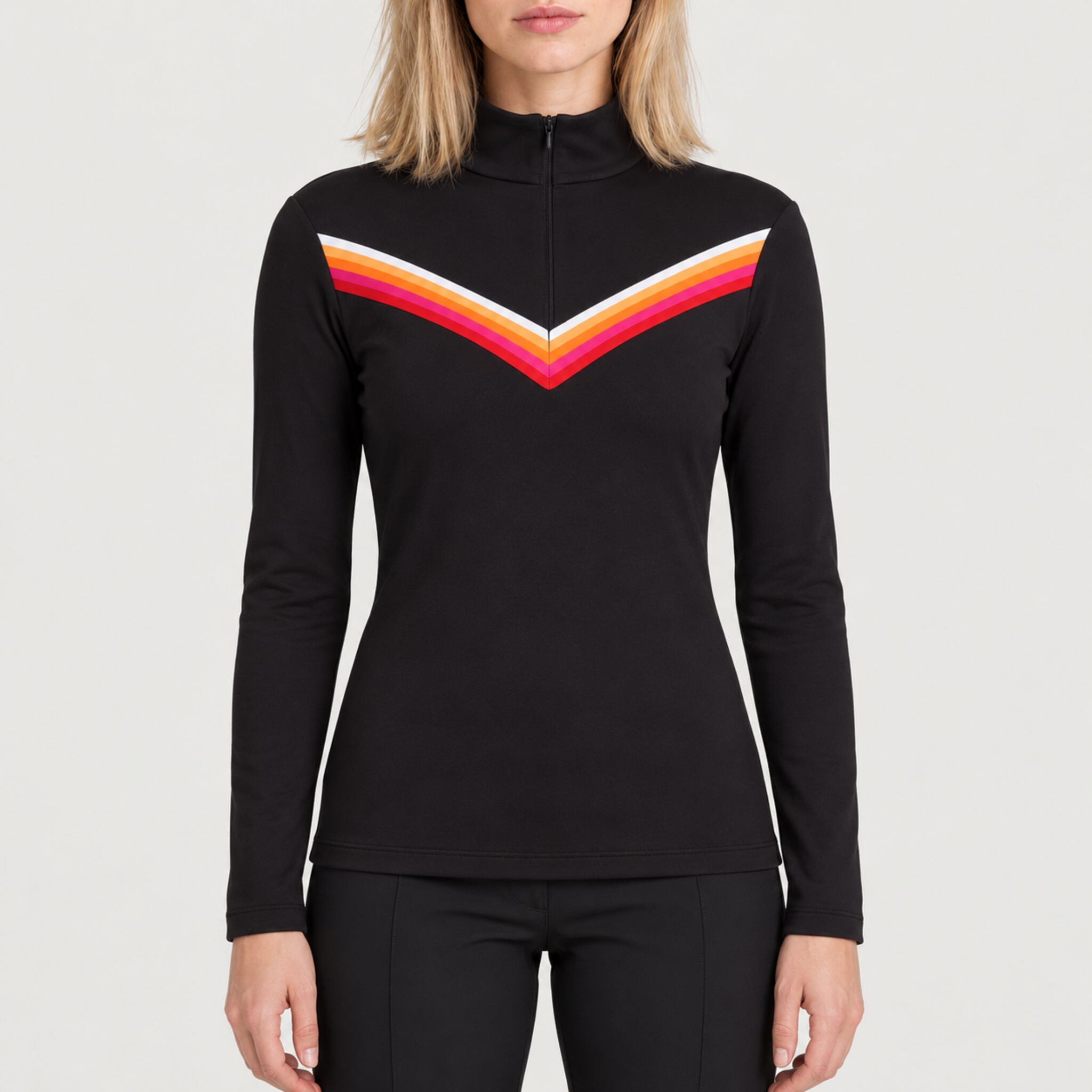 Fera women's Velocity Half Zip in Black, front view on model.