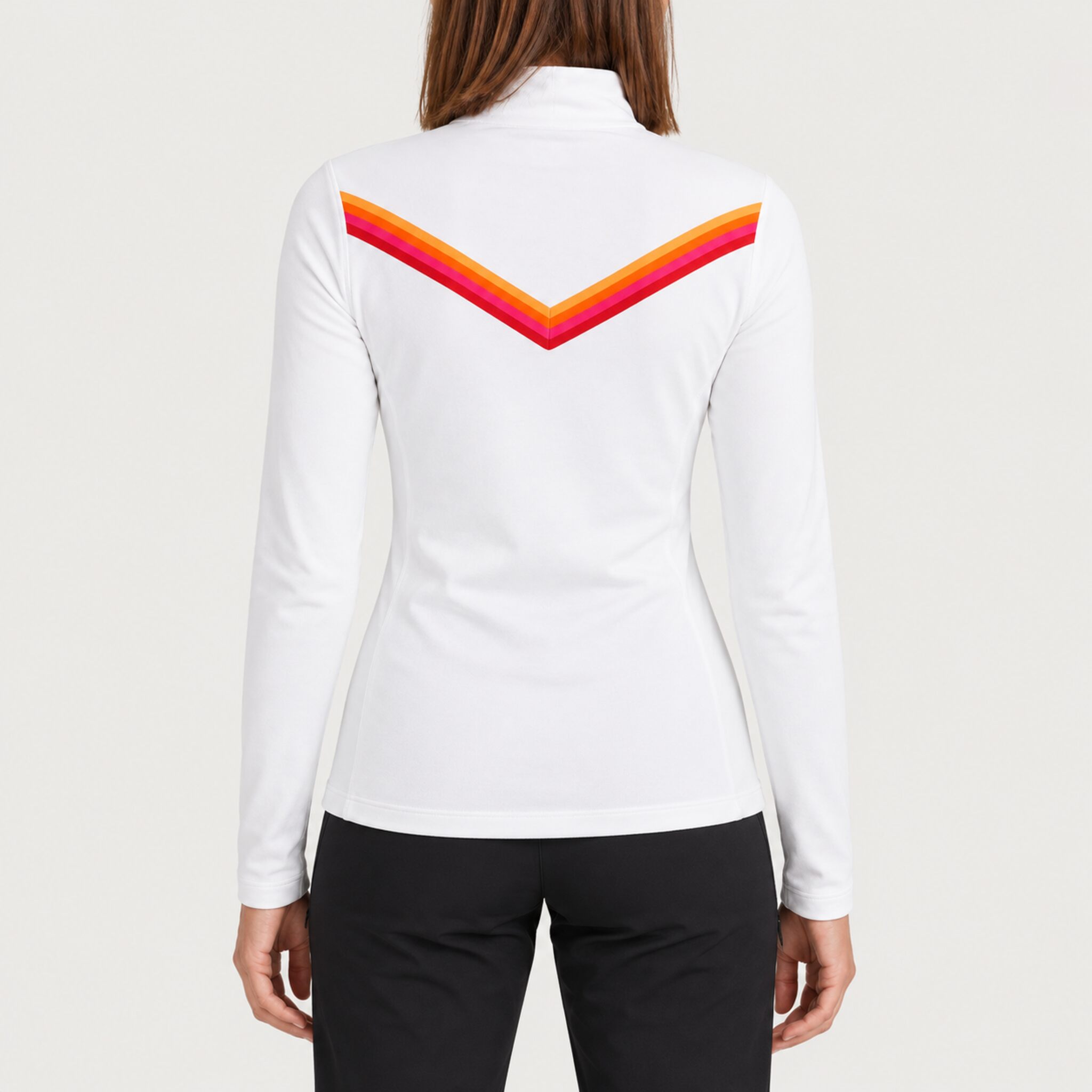 Fera women's Velocity Half Zip in White, back view on model.