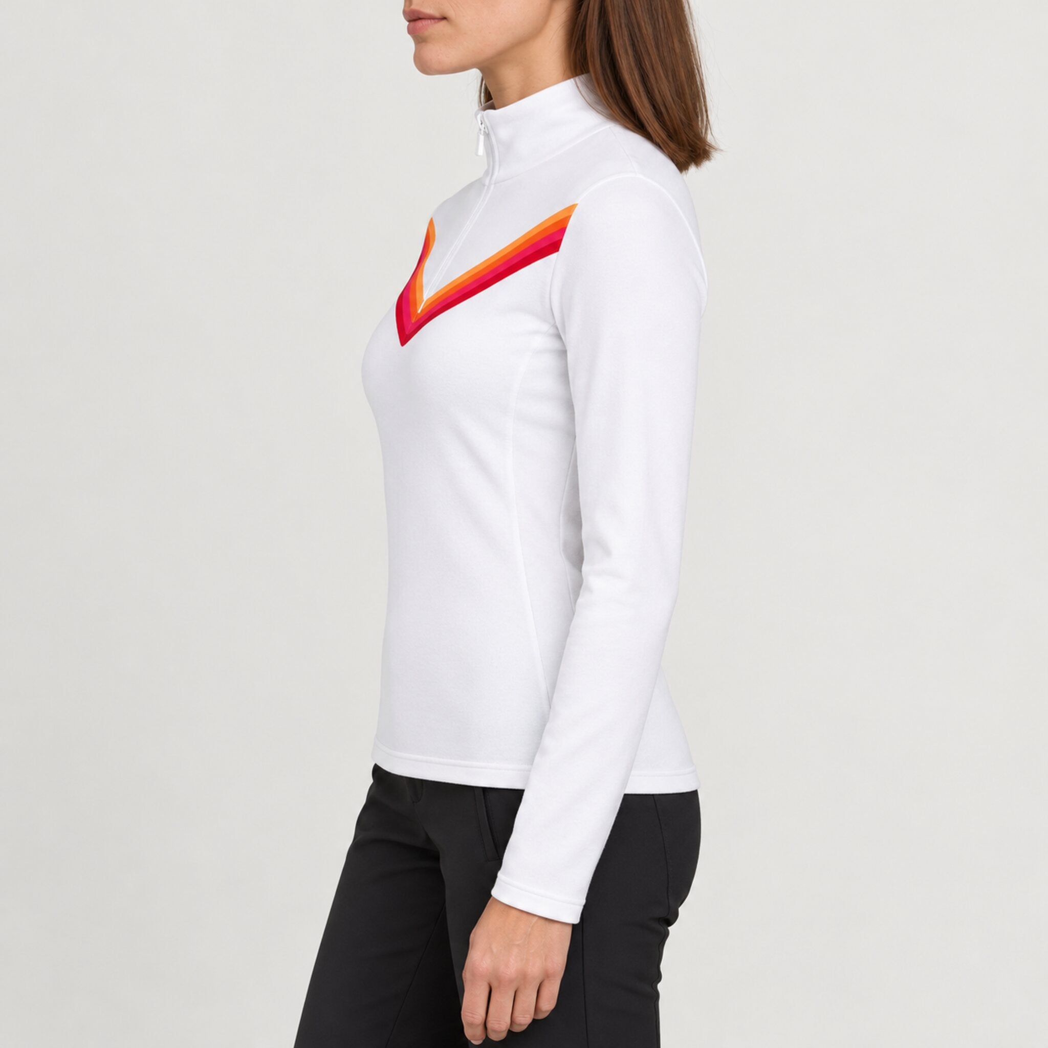 Fera women's Velocity Half Zip in White, side view on model.